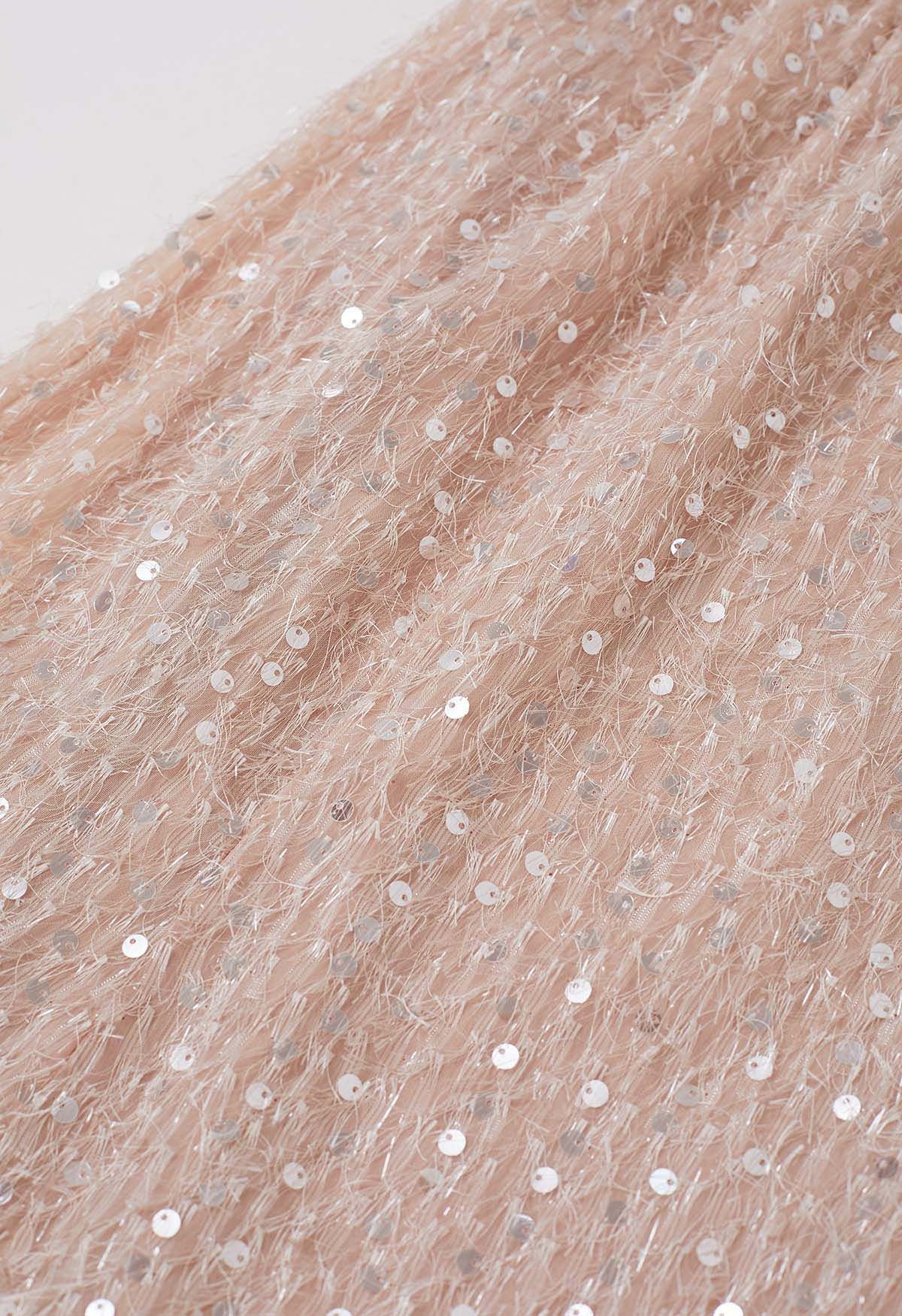 Sequin Shimmer Fringe Midi Skirt in Light Pink