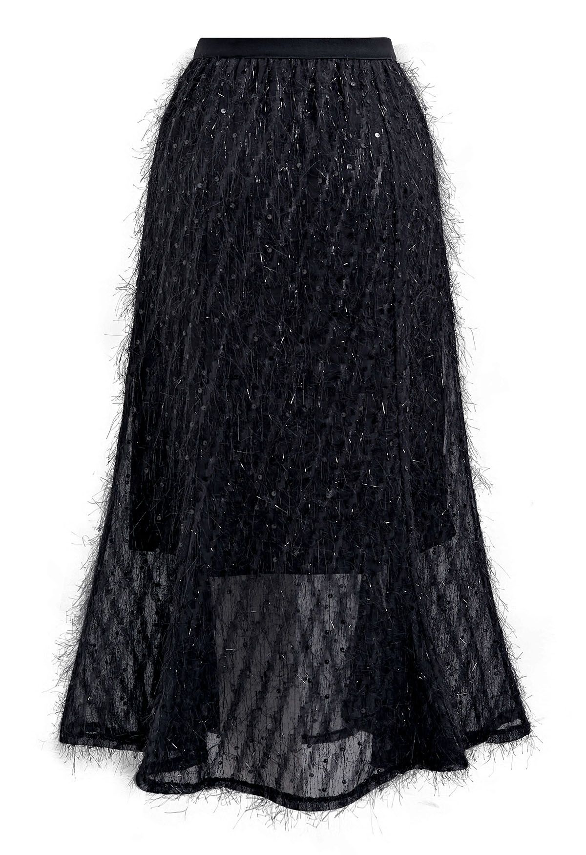 Sequin Shimmer Fringe Midi Skirt in Black