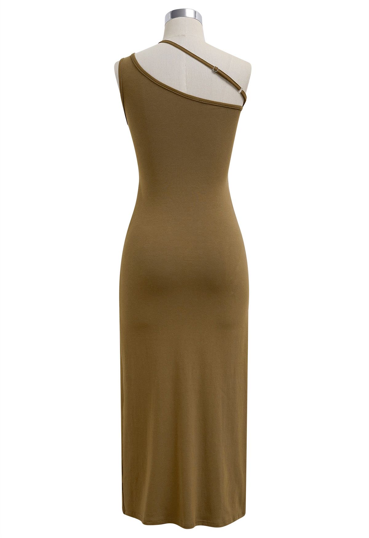 Oblique One Shoulder Bodycon Midi Dress in Olive