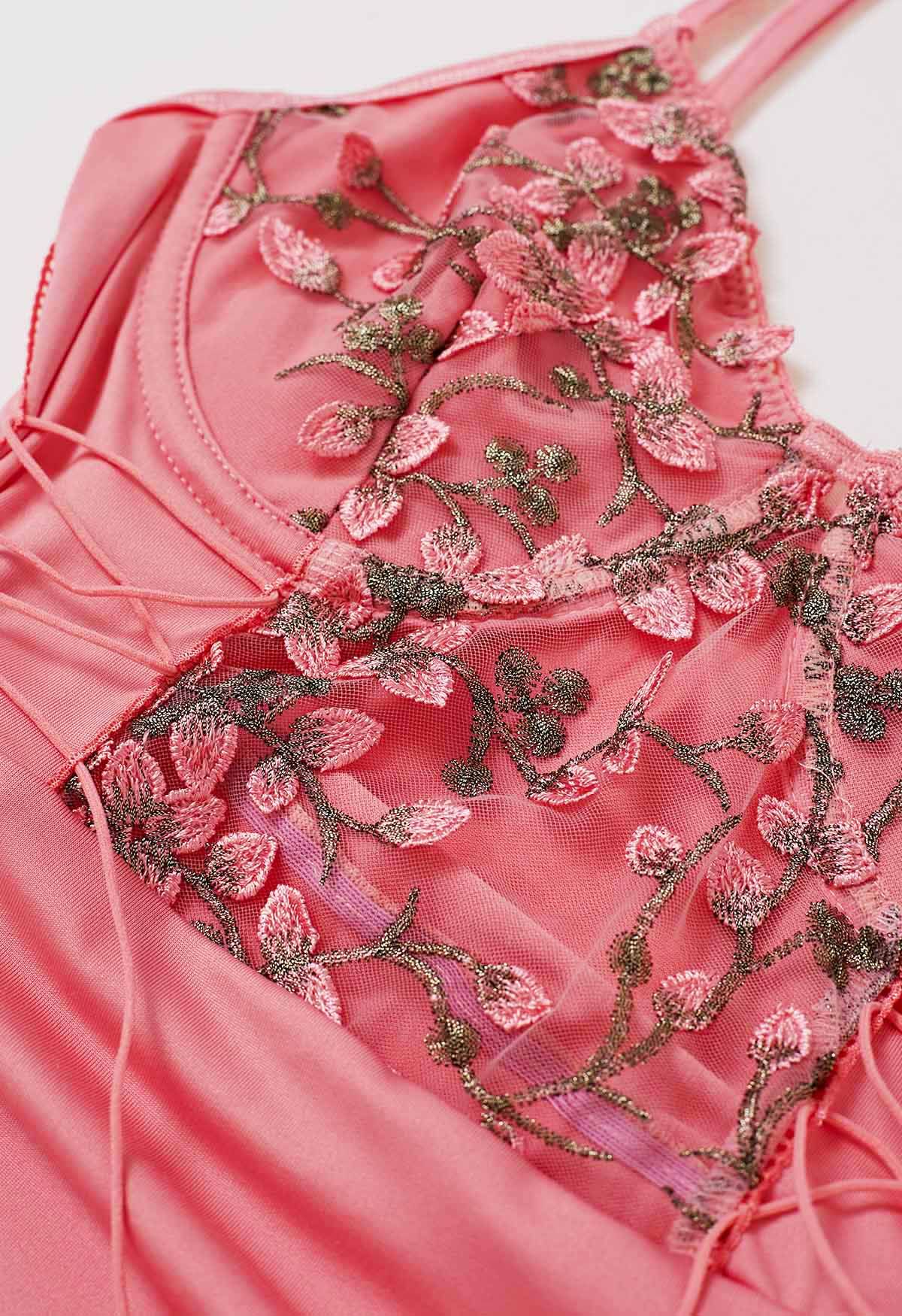 Pink Floral Embroidery Lace-Up Ruched Cami Dress