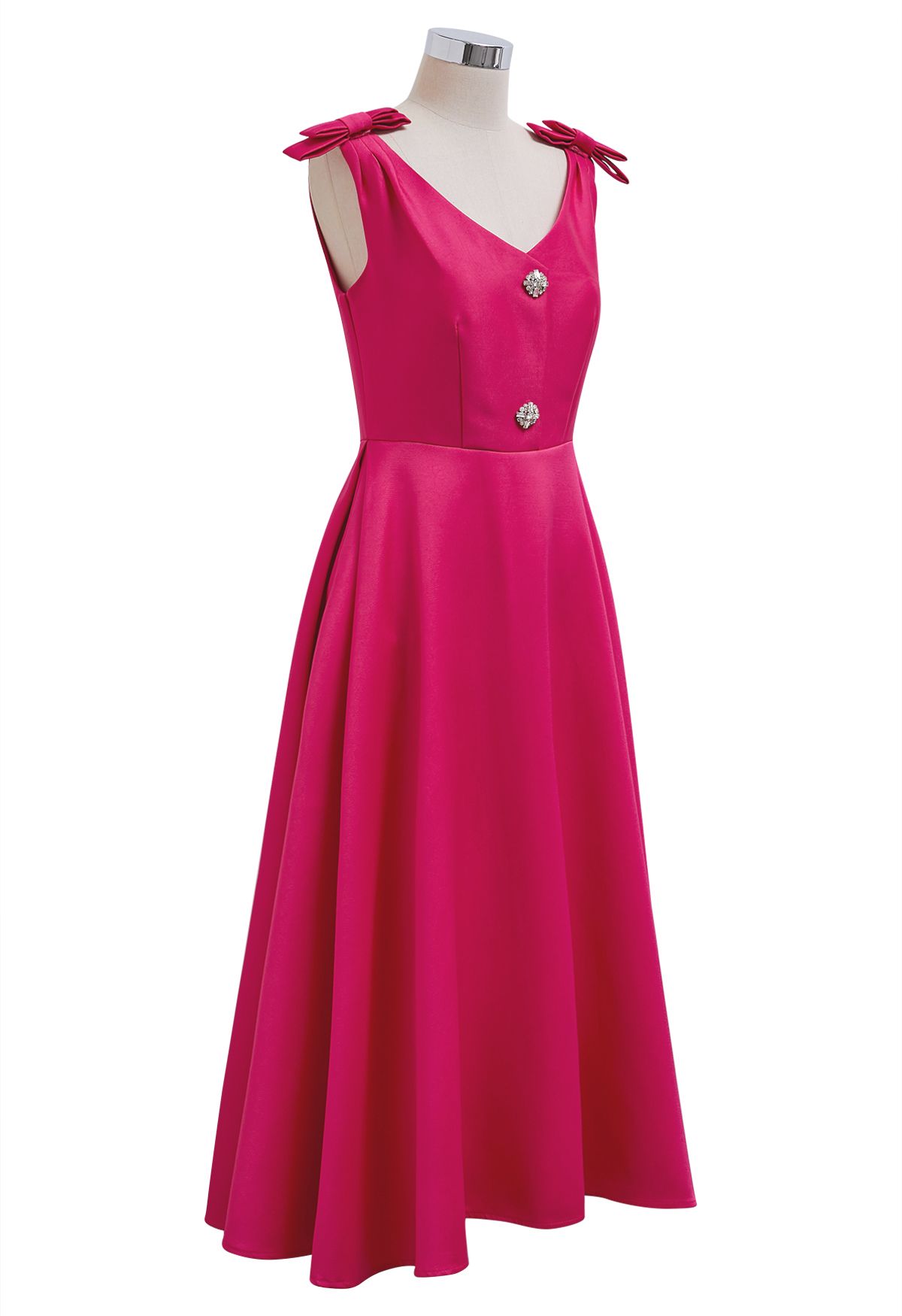 Bow Shoulder Zircon Button Midi Dress in Magenta