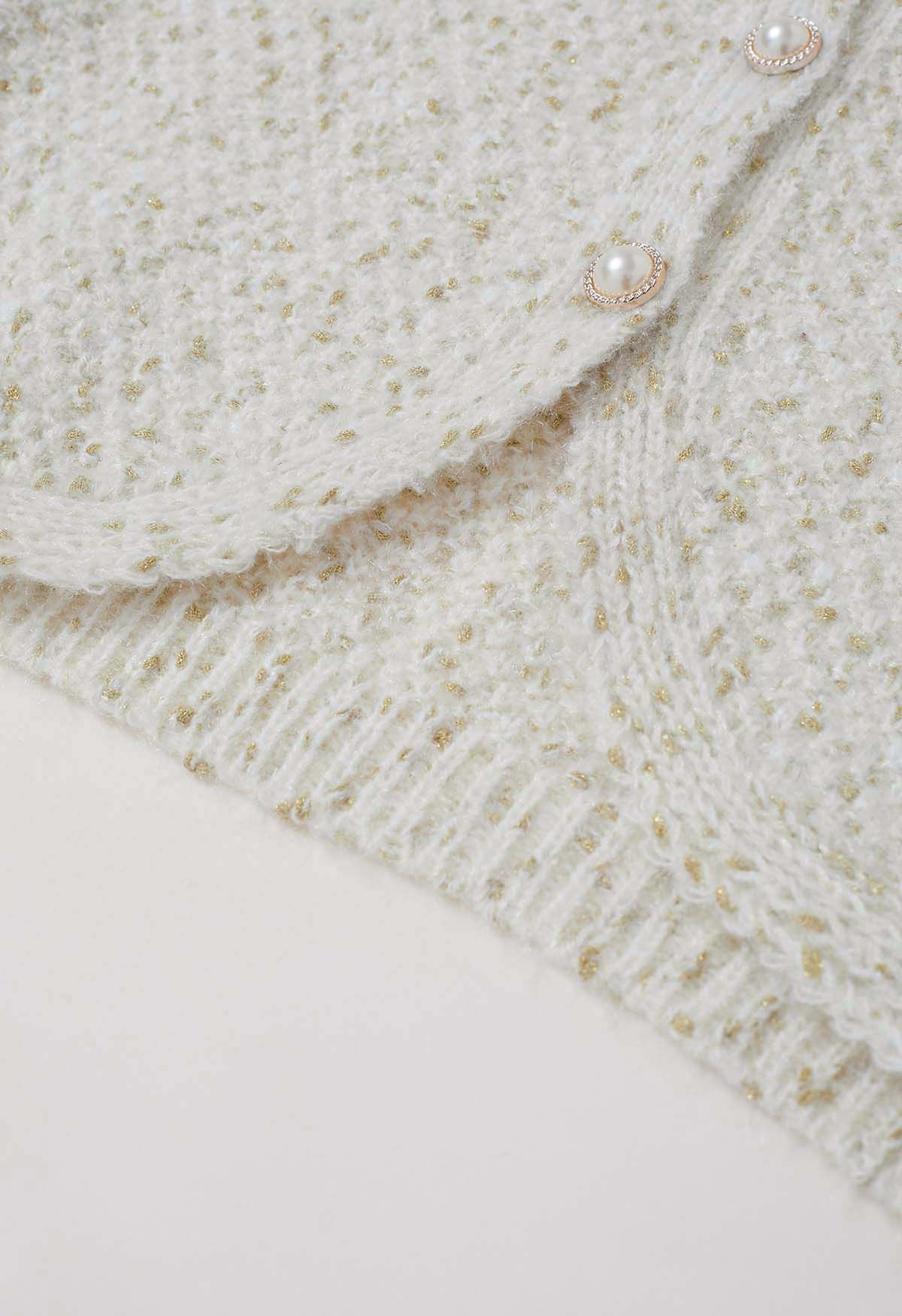 Fuzzy Mix-Knit Button Down Cardigan in White