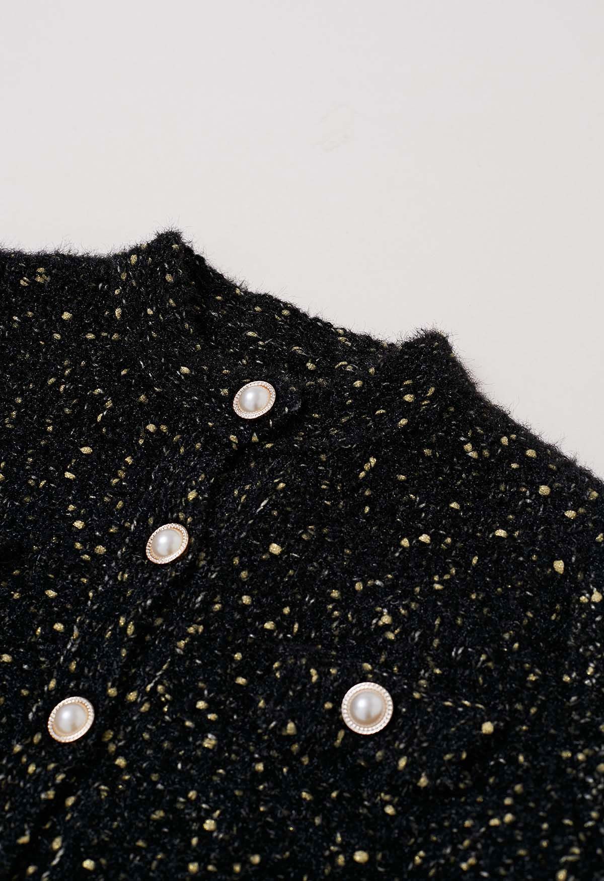 Fuzzy Mix-Knit Button Down Cardigan in Black