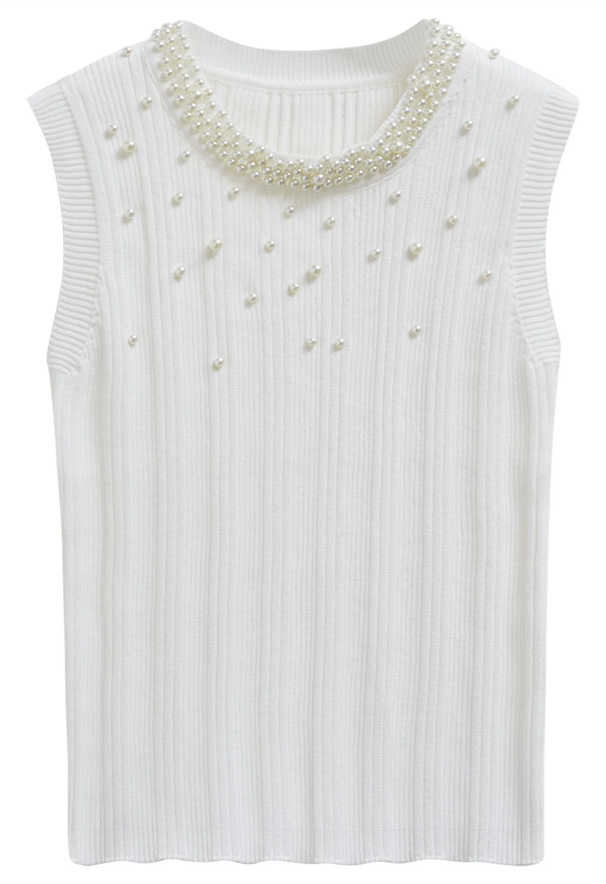 Pearl Trimmed Sleeveless Knit Top in White