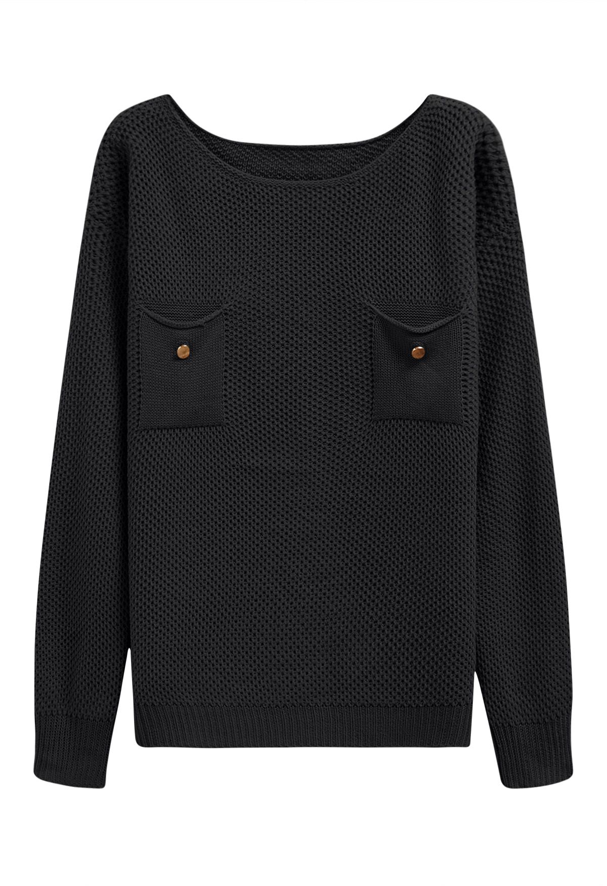 Buttons Decorated Pocket Waffle Knit Sweater in Black