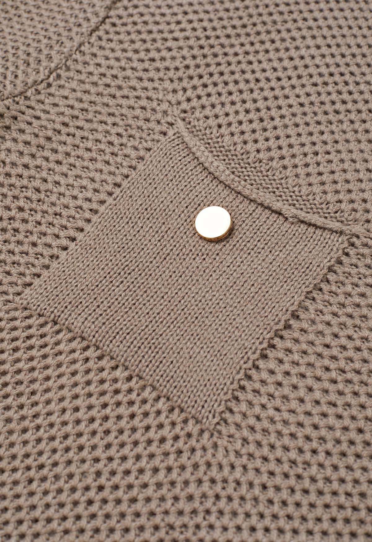 Buttons Decorated Pocket Waffle Knit Sweater in Khaki