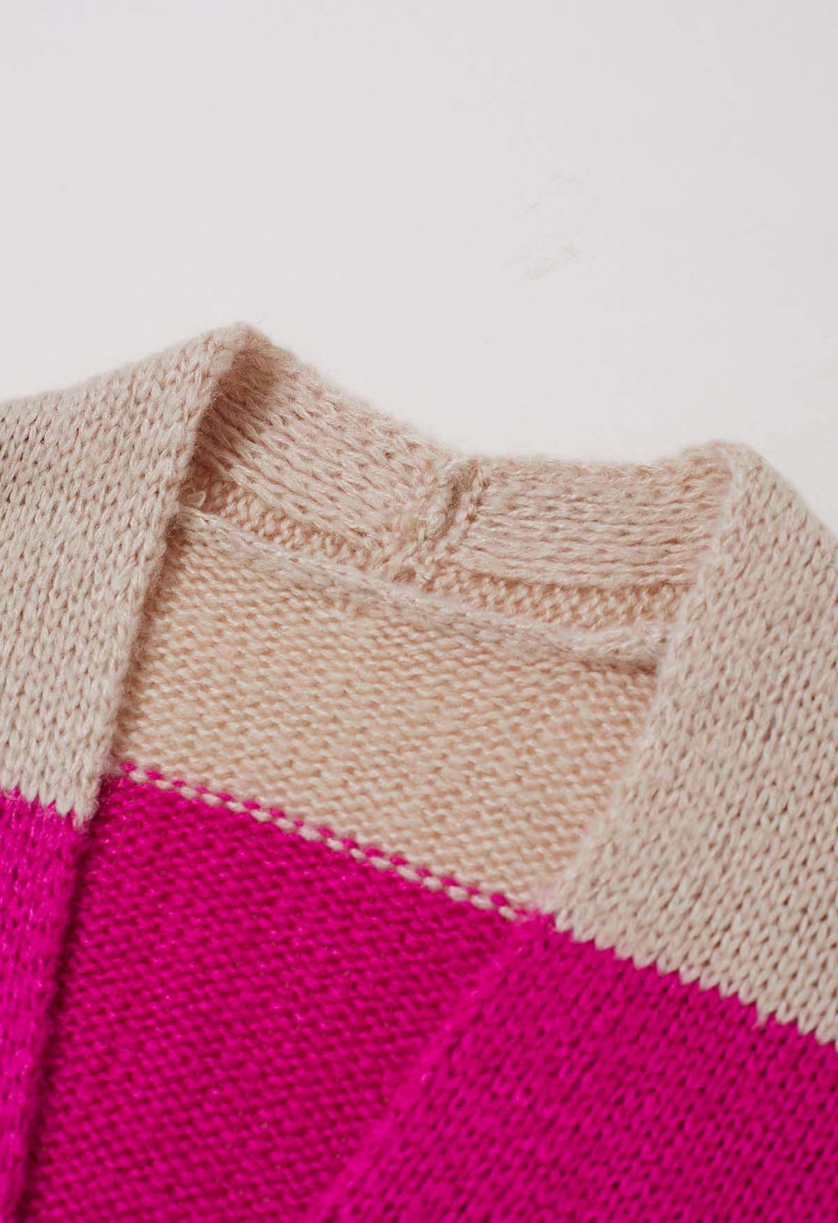 Striped Color Block Open Front Knit Cardigan in Hot Pink