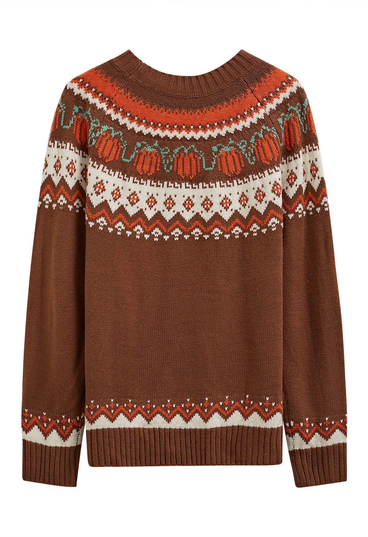 Pumpkin Delight Long Sleeves Knit Sweater in Brown