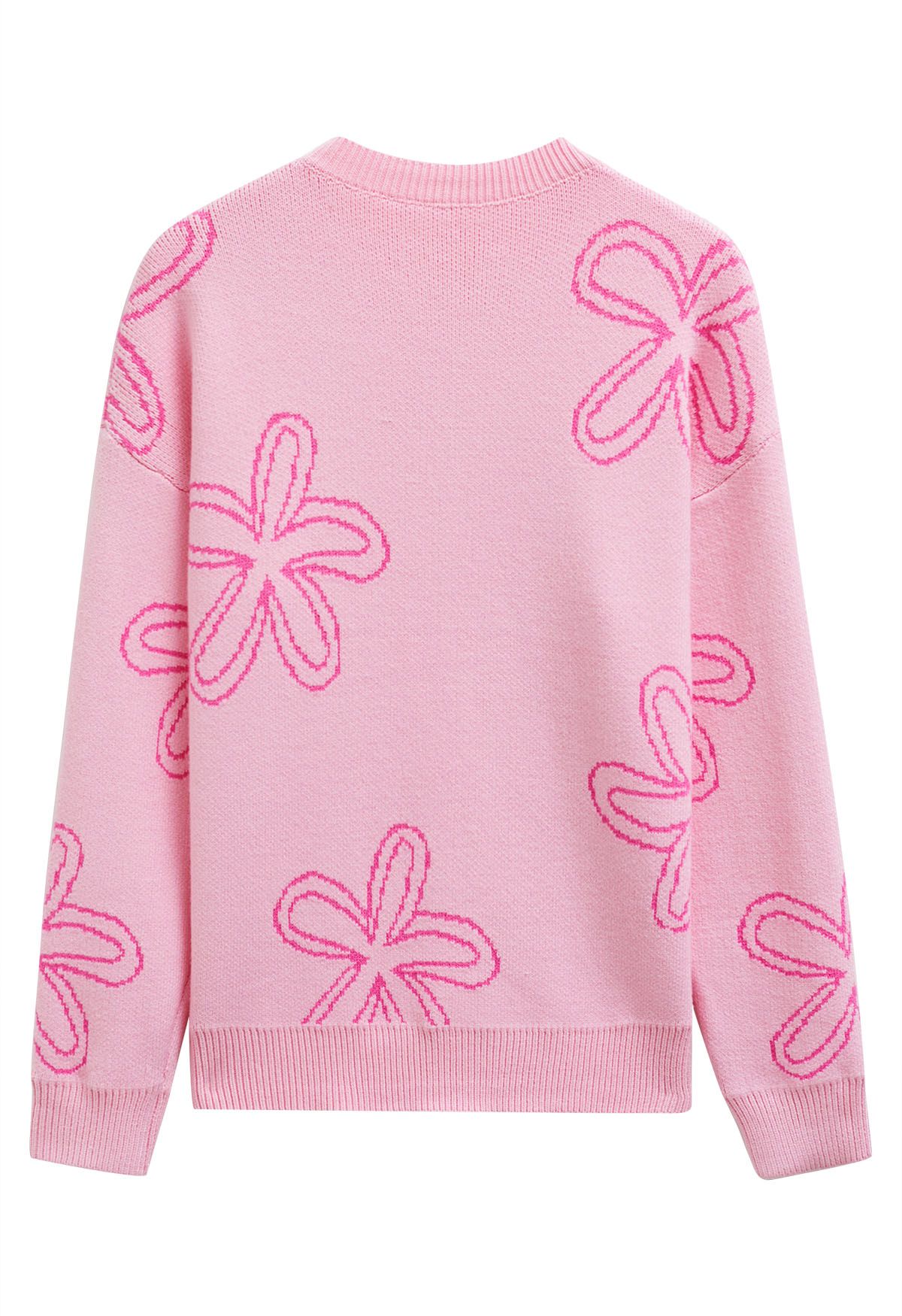 Floral Sketch Pattern Jacquard Knit Sweater in Pink