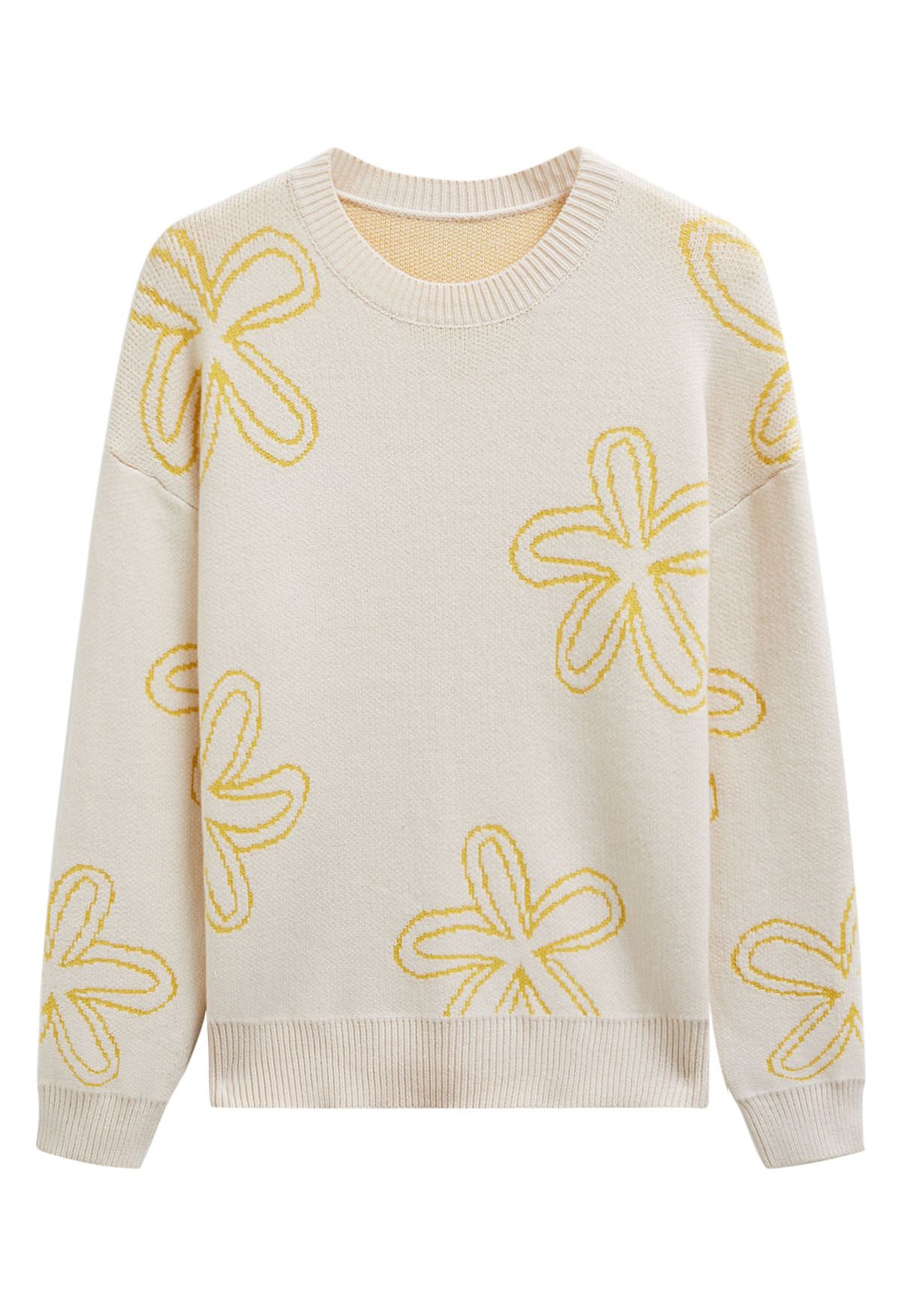 Floral Sketch Pattern Jacquard Knit Sweater in Light Yellow