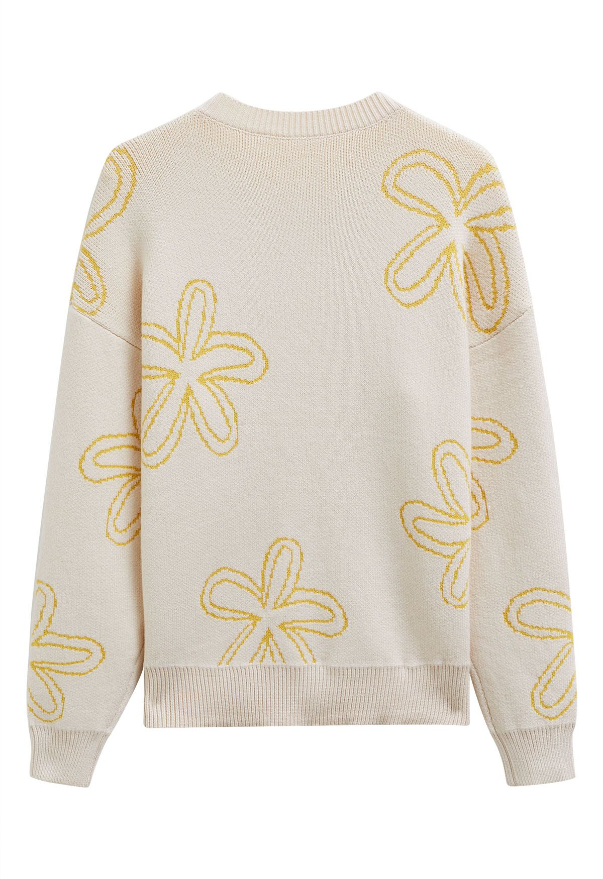 Floral Sketch Pattern Jacquard Knit Sweater in Light Yellow