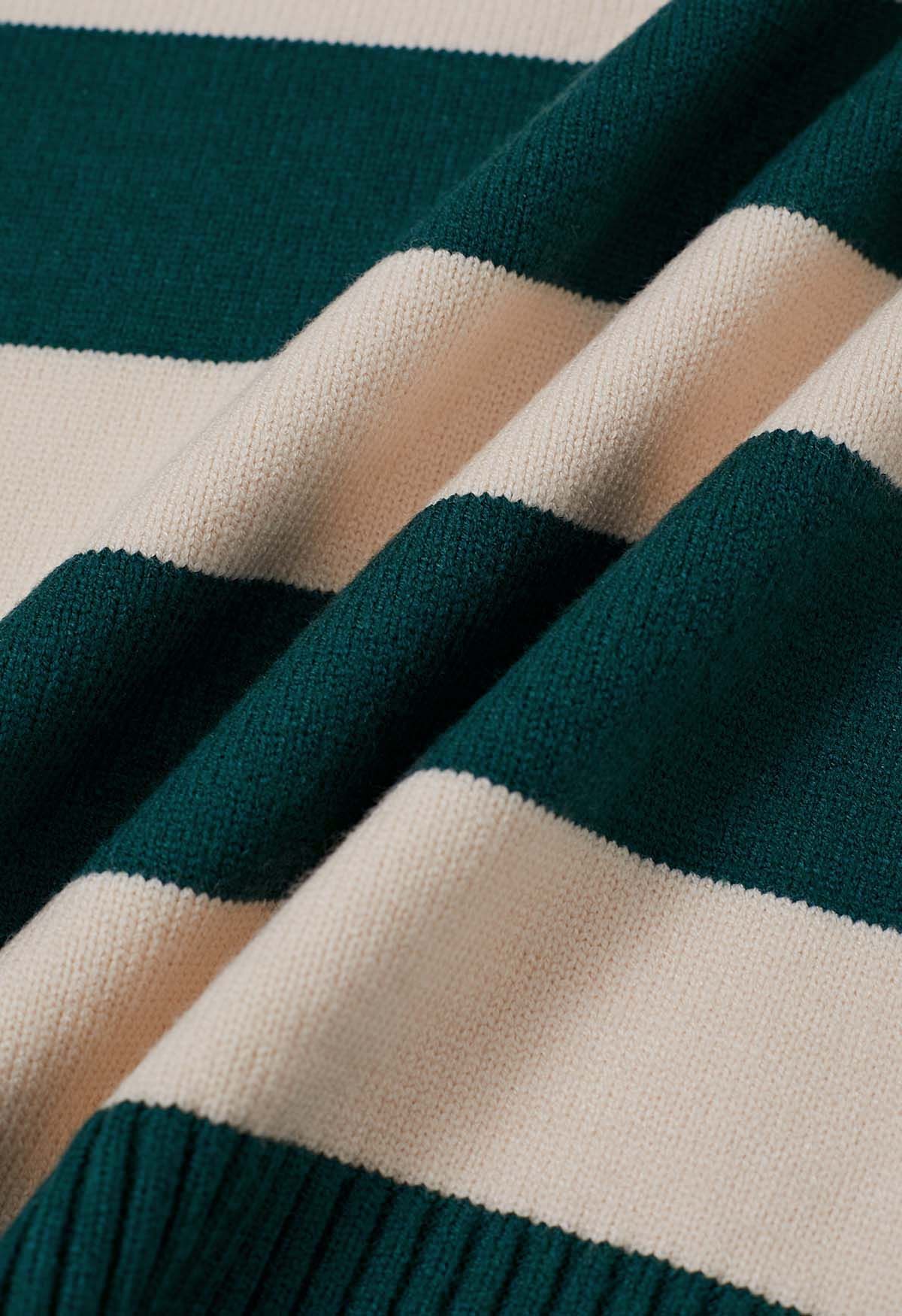 Contrast Stripe Collared V-Neck Knit Sweater in Emerald