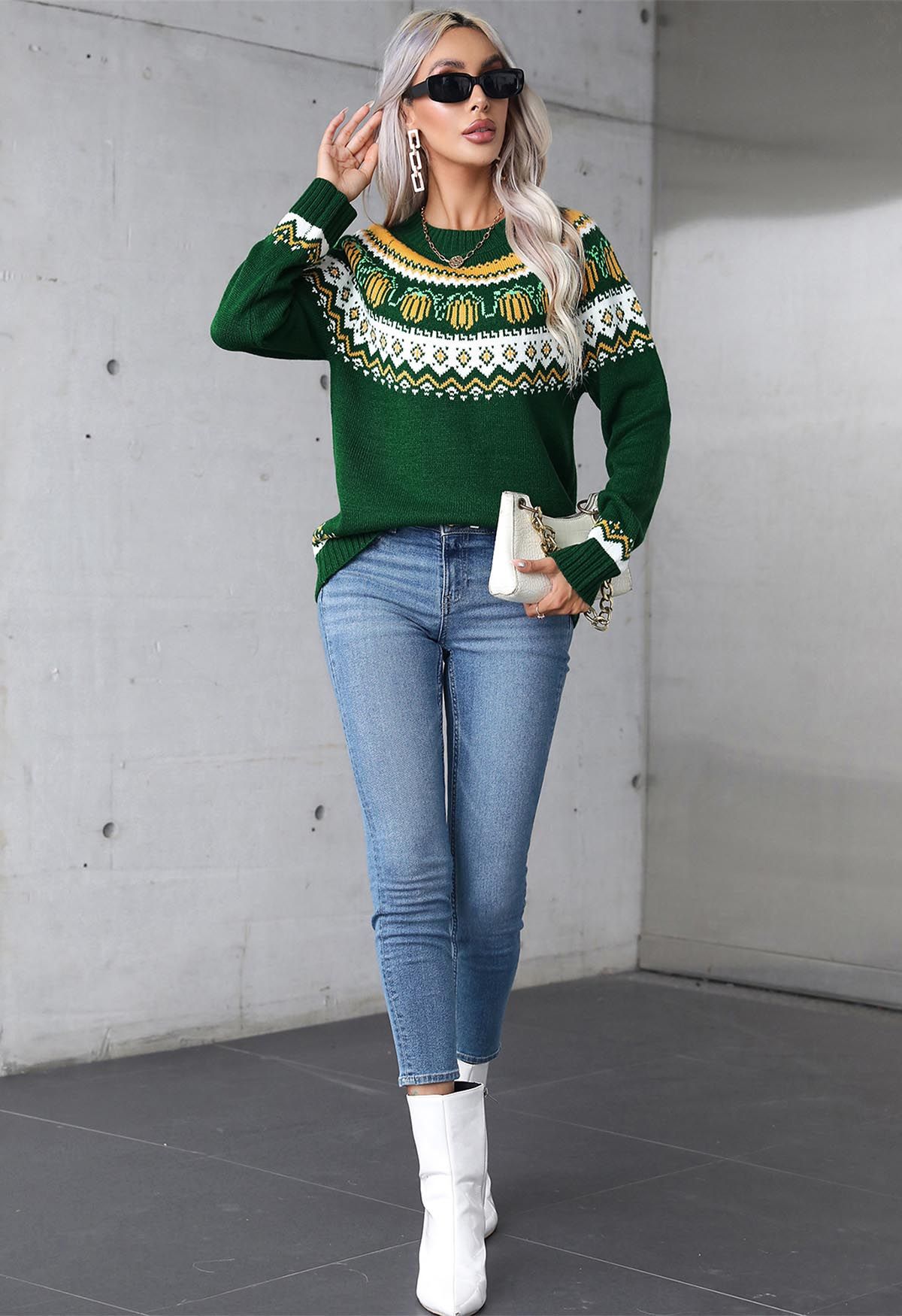 Pumpkin Delight Long Sleeves Knit Sweater in Green