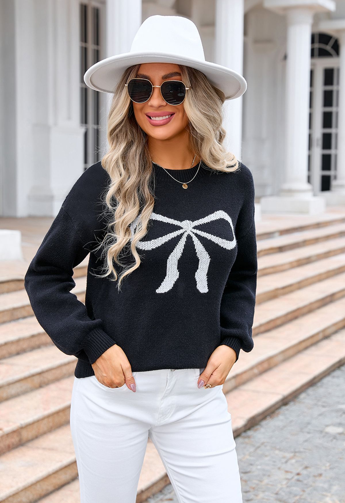 Ribbon Bowknot Pattern Jacquard Knit Sweater in Black