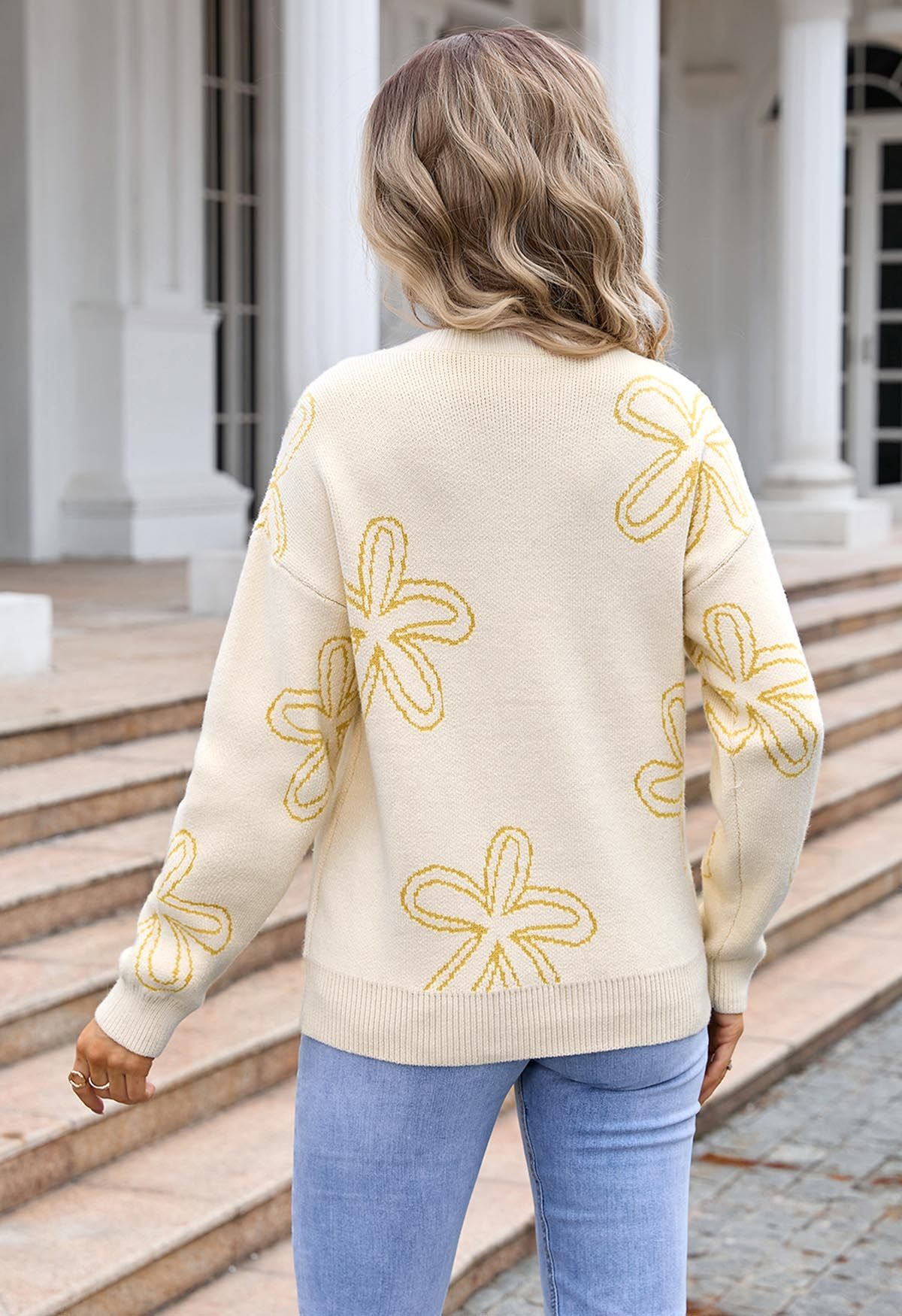 Floral Sketch Pattern Jacquard Knit Sweater in Light Yellow