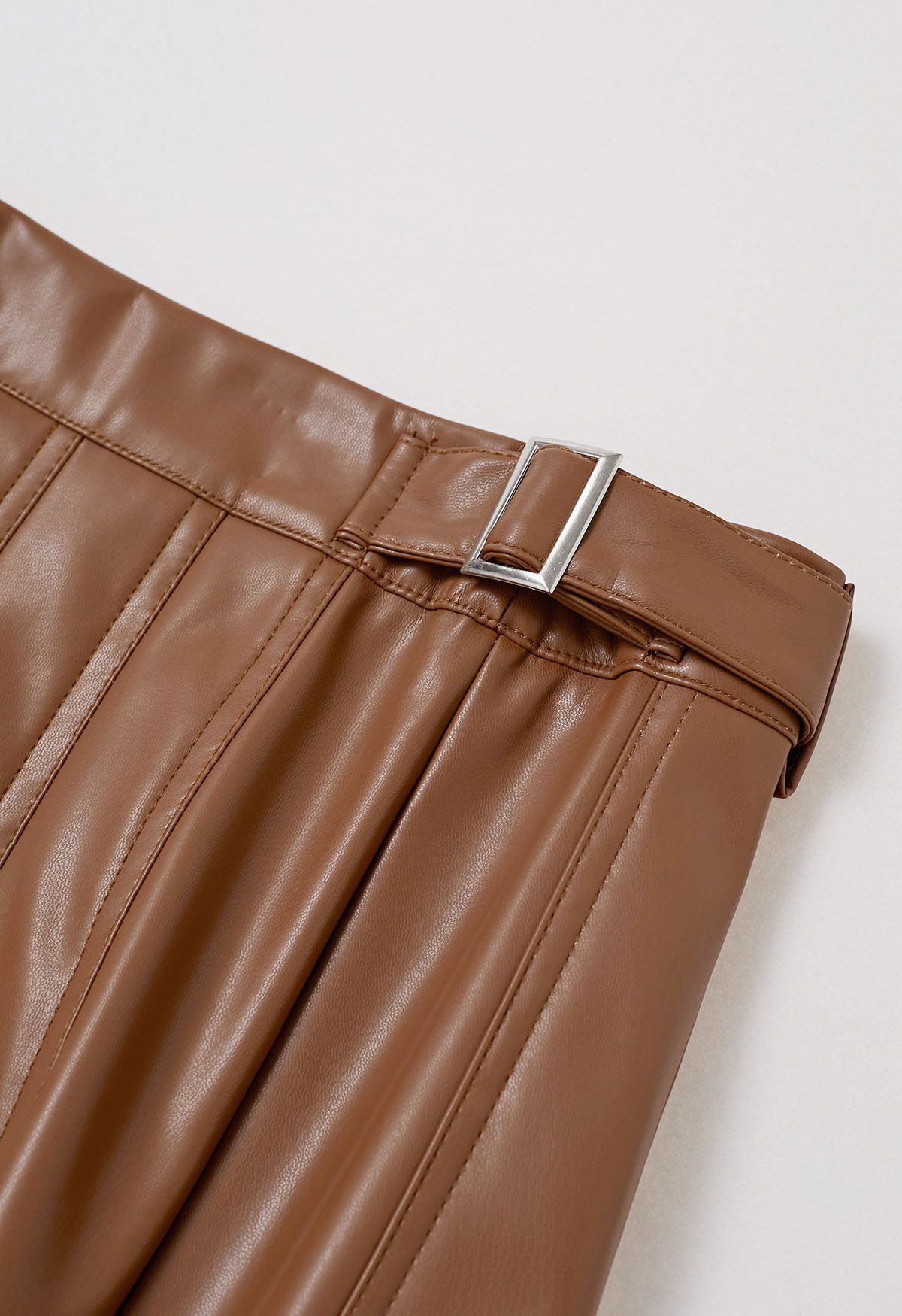 Side Belt Faux Leather Pleated Midi Skirt in Caramel