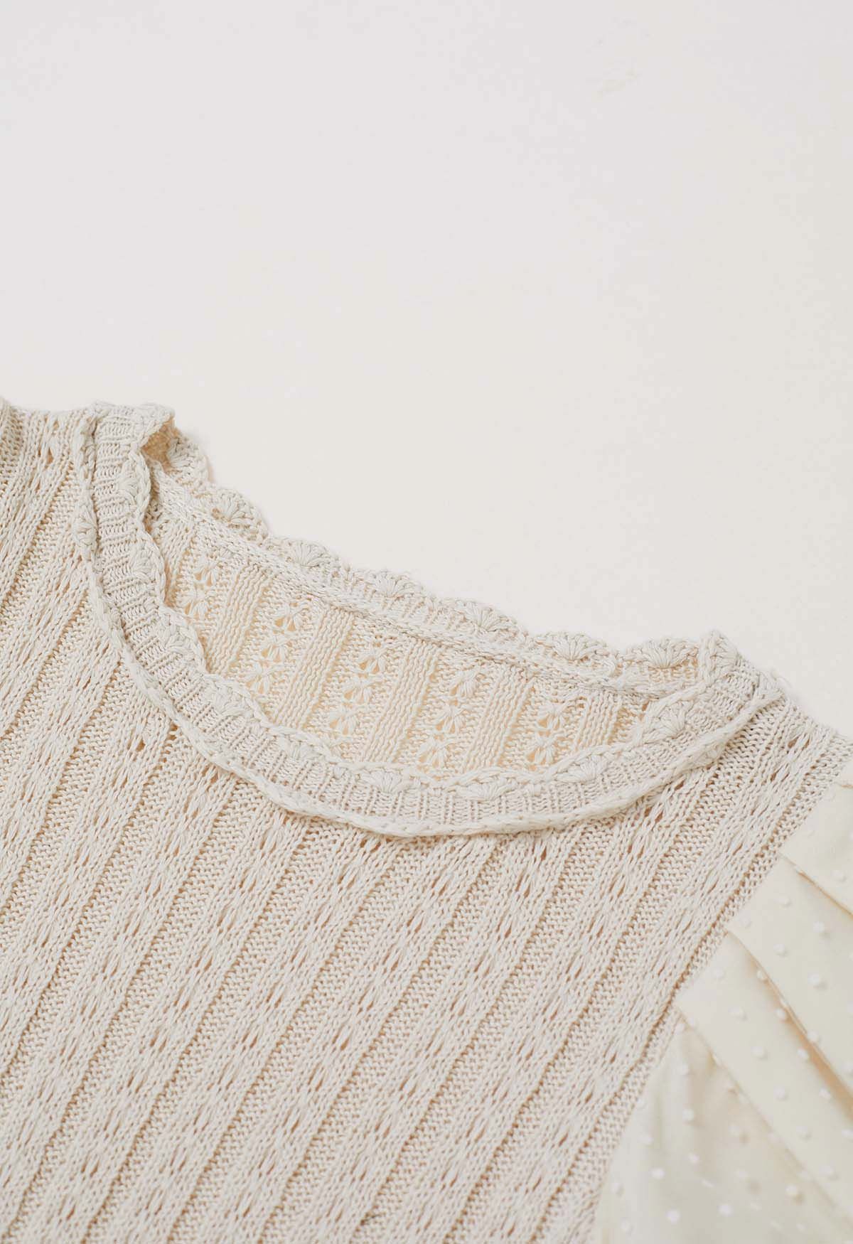 Flock Dot Mesh Sleeve Spliced Knit Top in Oatmeal