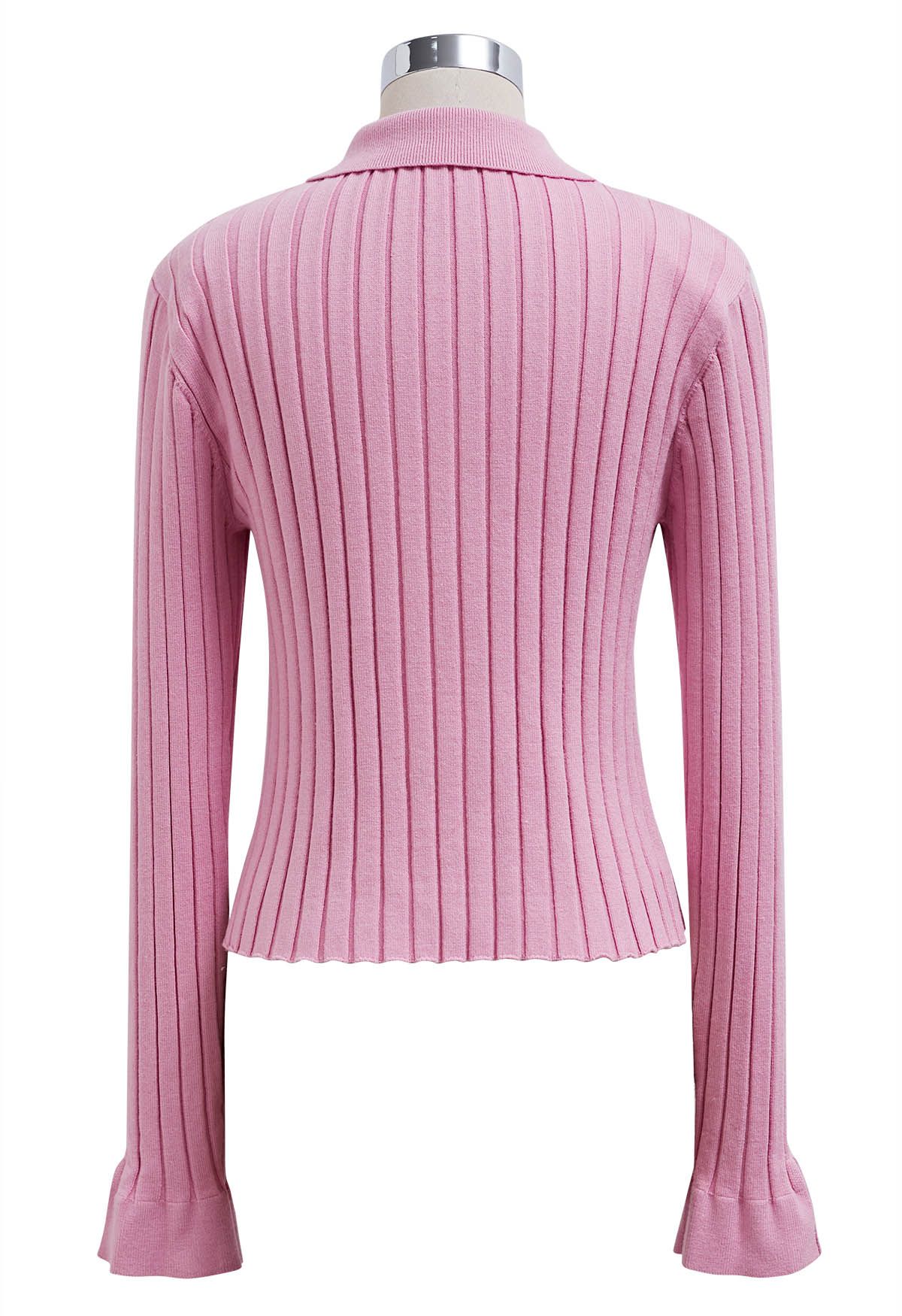 Heart-Shape Button Down Collar Knit Top in Pink