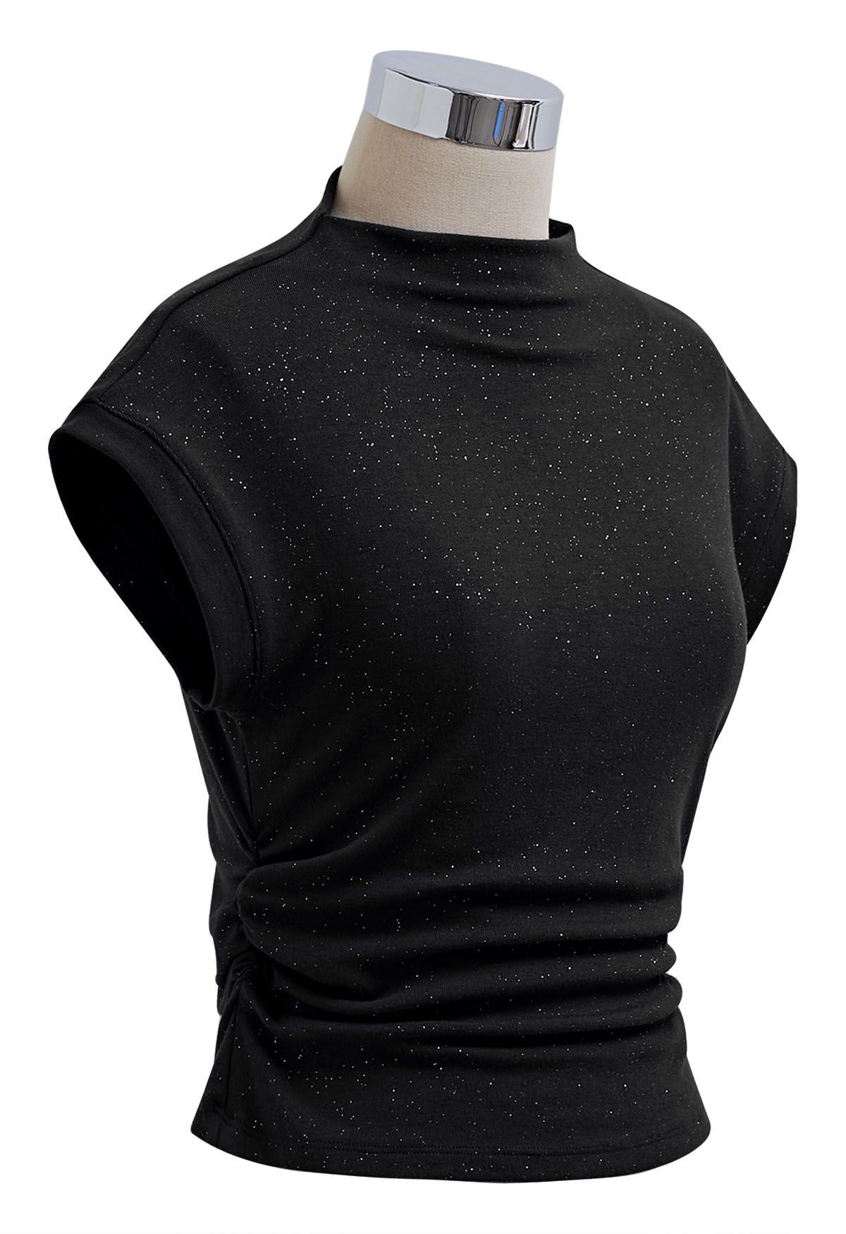 Shimmering Ruched Waist Cap Sleeves Top in Black