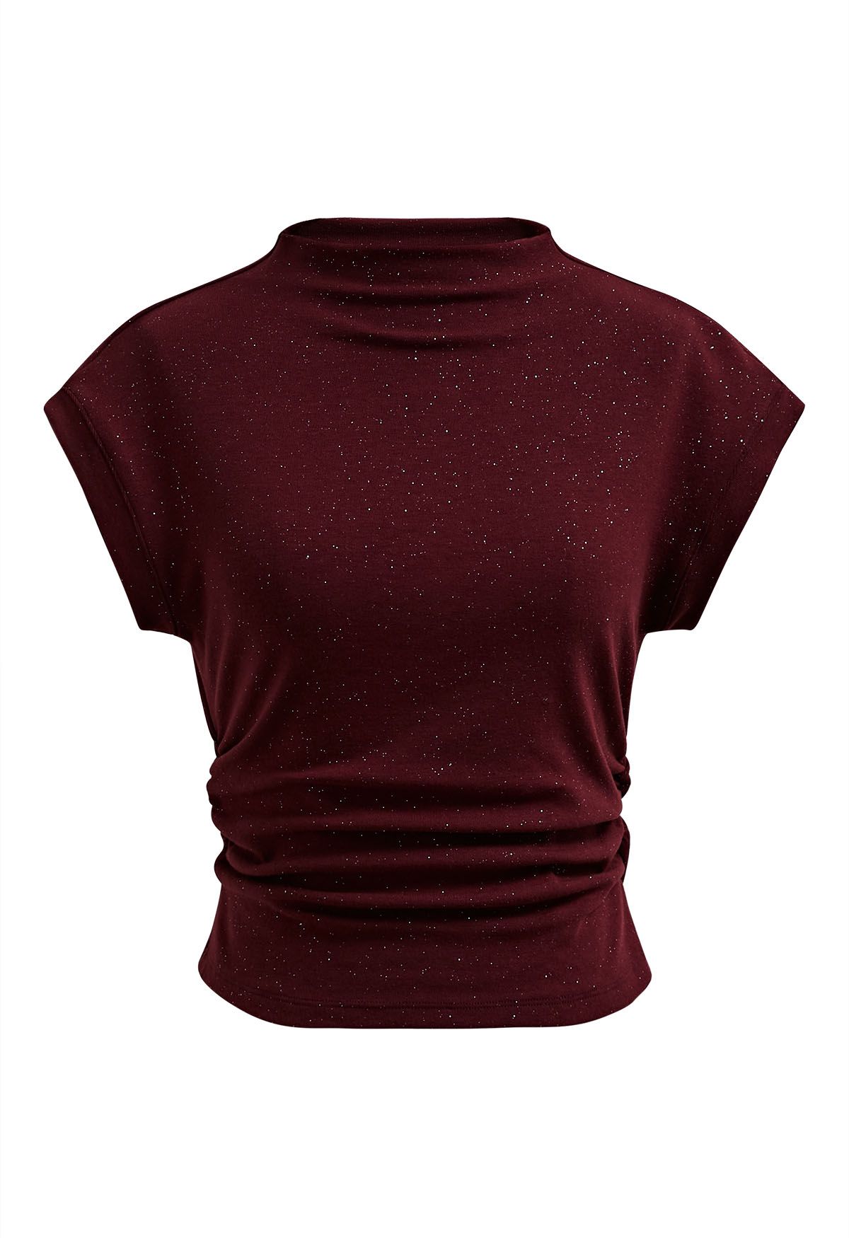 Shimmering Ruched Waist Cap Sleeves Top in Burgundy