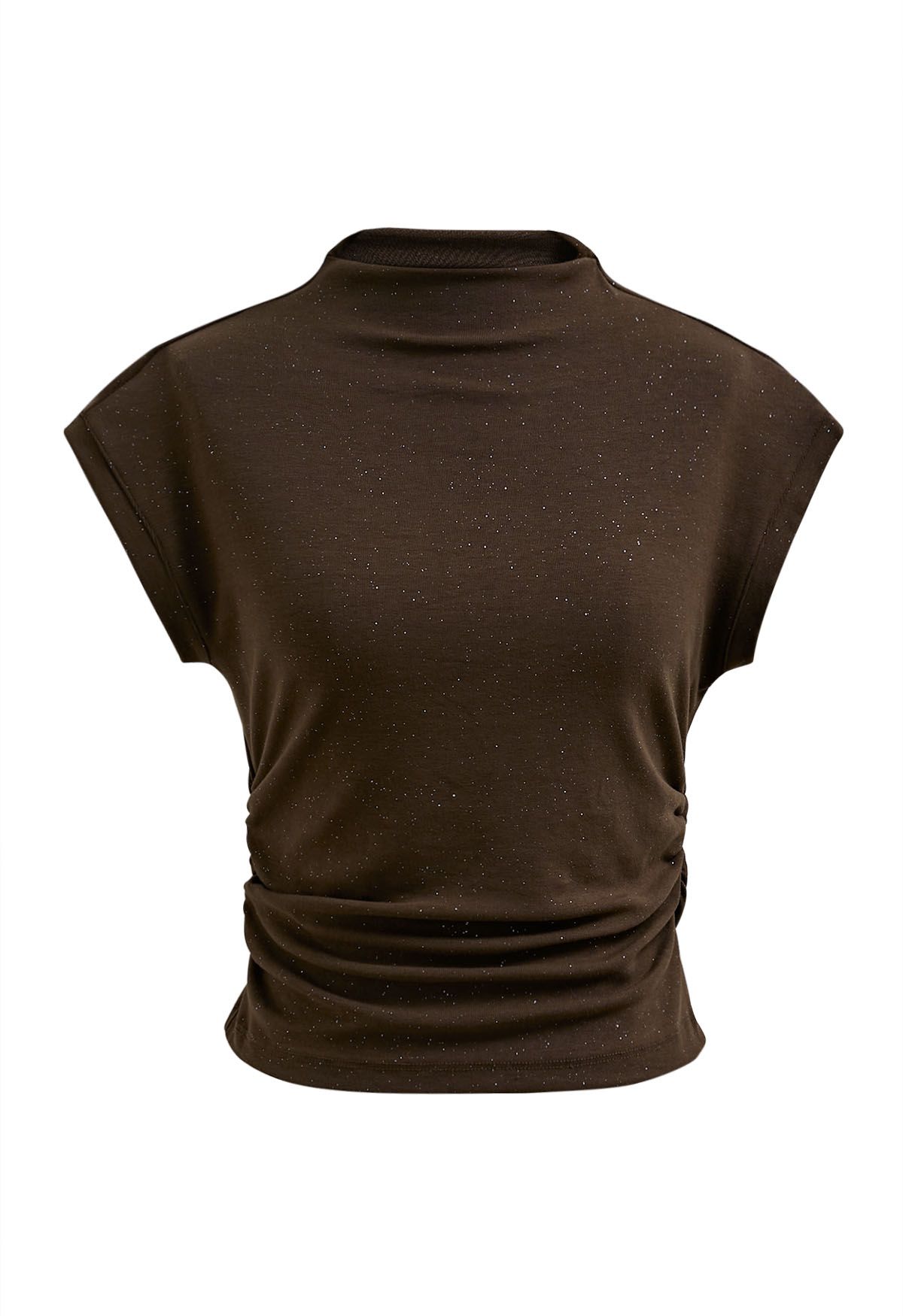 Shimmering Ruched Waist Cap Sleeves Top in Brown