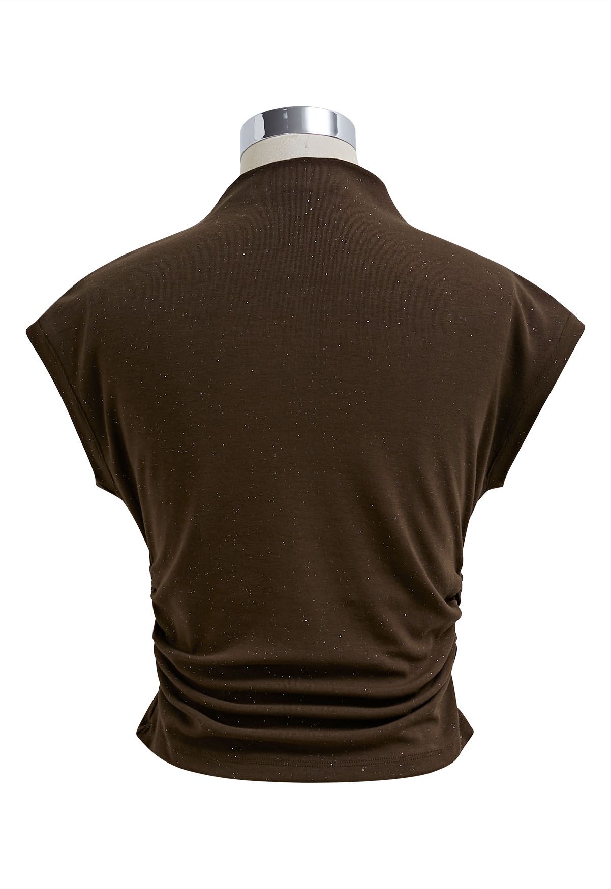 Shimmering Ruched Waist Cap Sleeves Top in Brown