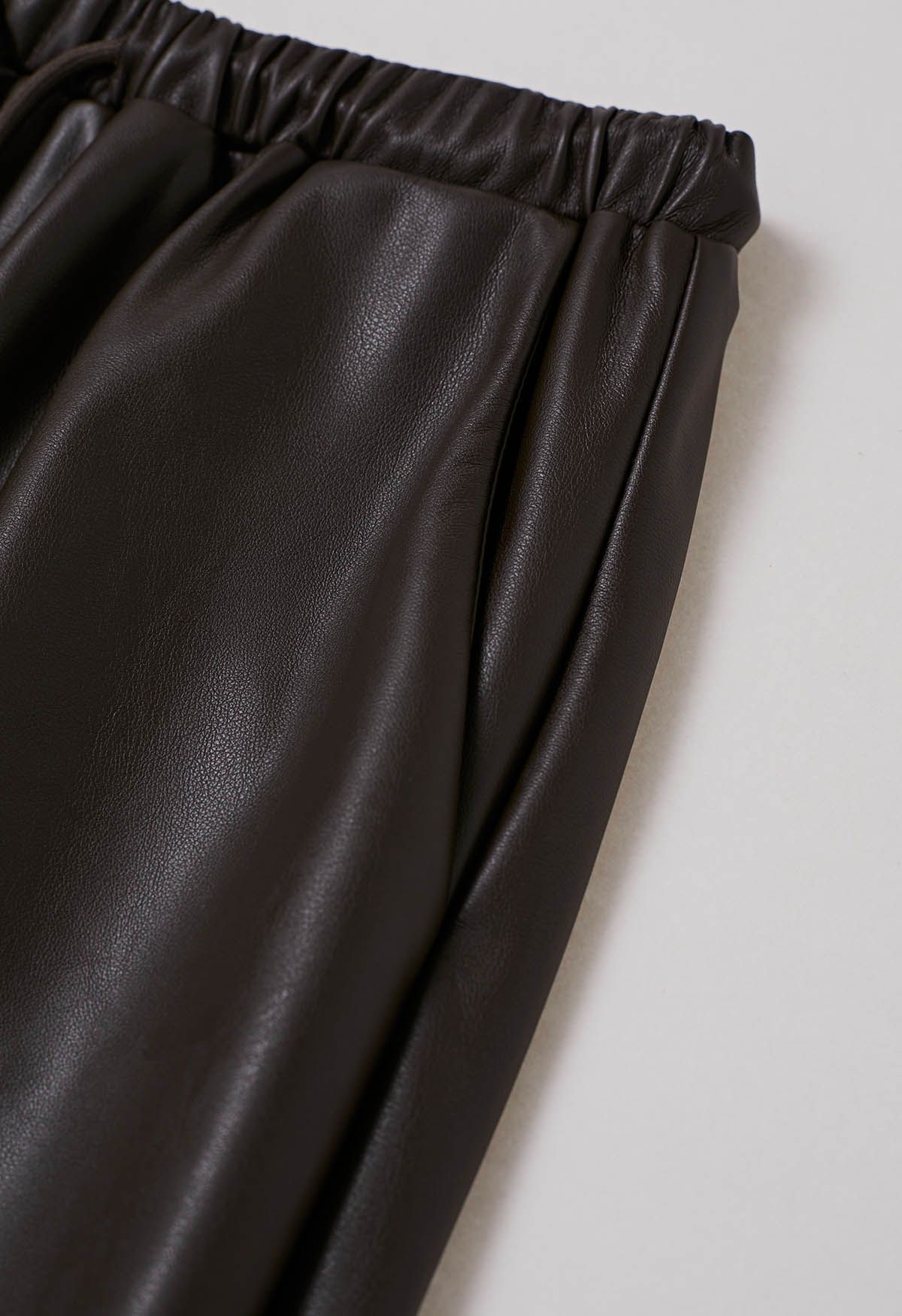 On-Duty Faux Leather Drawstring Shift Skirt in Chocolate