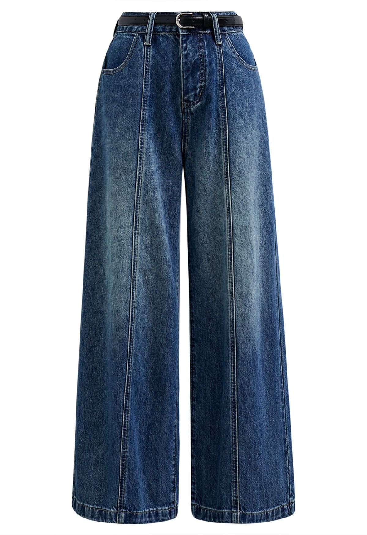 Iconic Silhouette Belted Palazzo Jeans in Blue