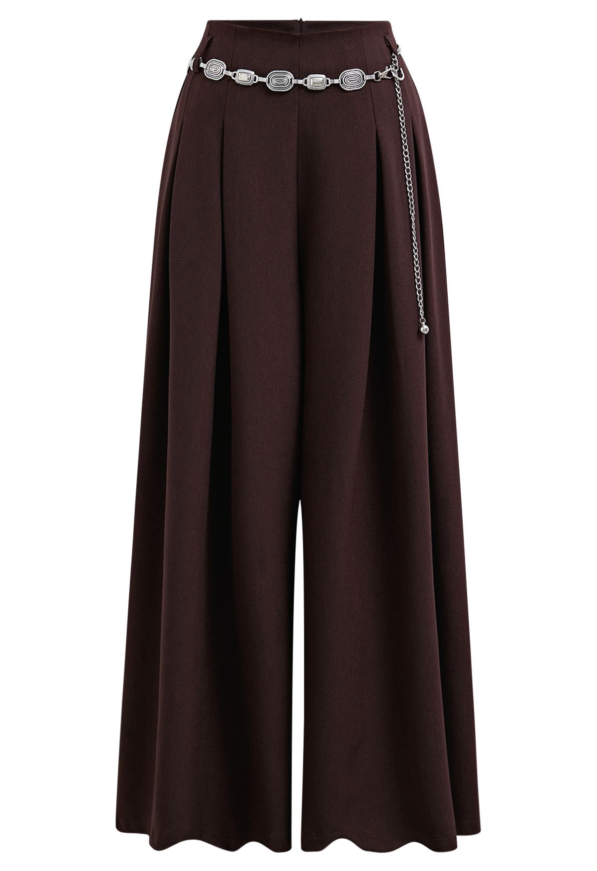 Chain-Embellished Pleated Palazzo Pants in Burgundy