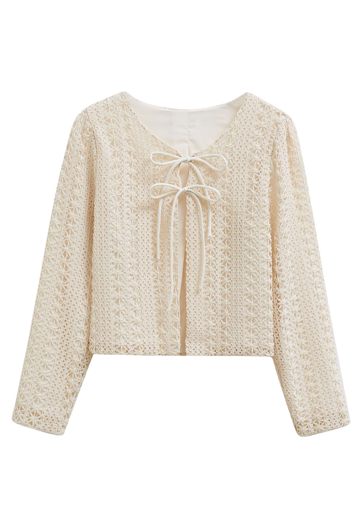 Intricate Crochet Bow Ties Jacket in Cream