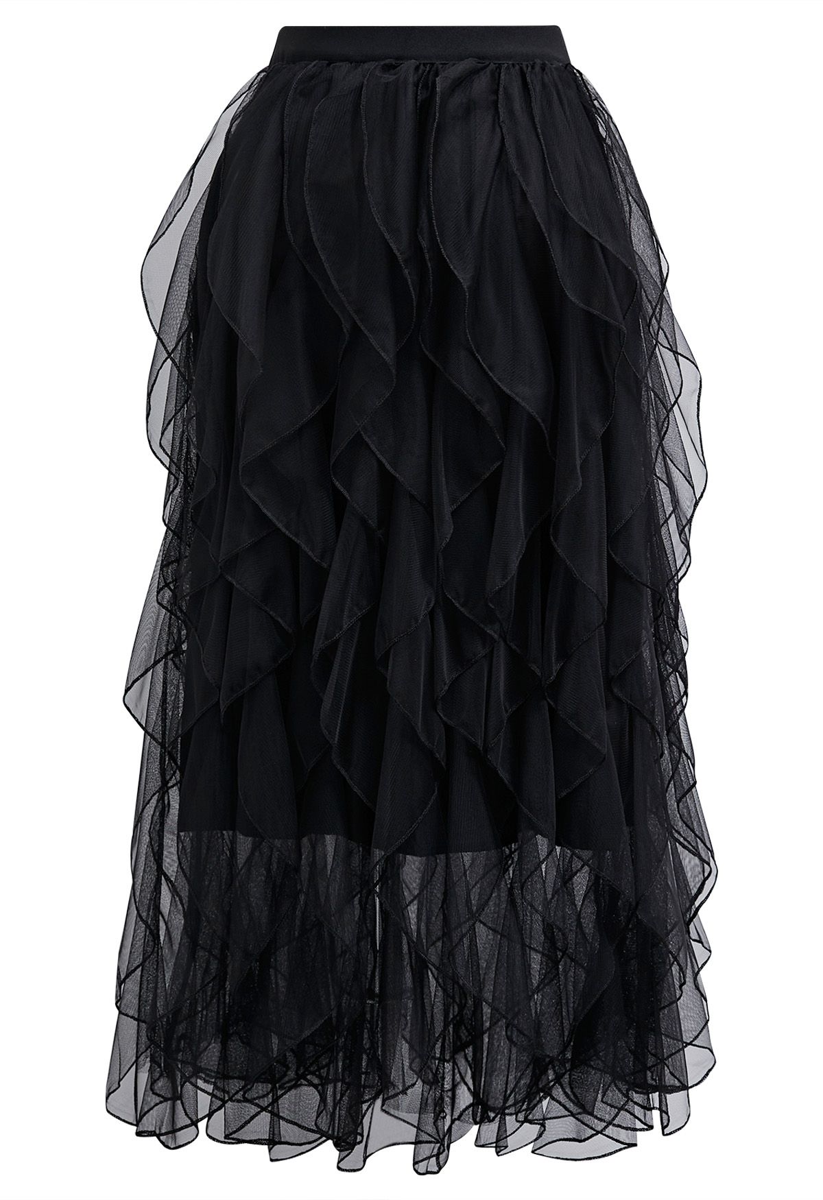 Rippling Attraction Panelled Mesh Tulle Skirt in Black