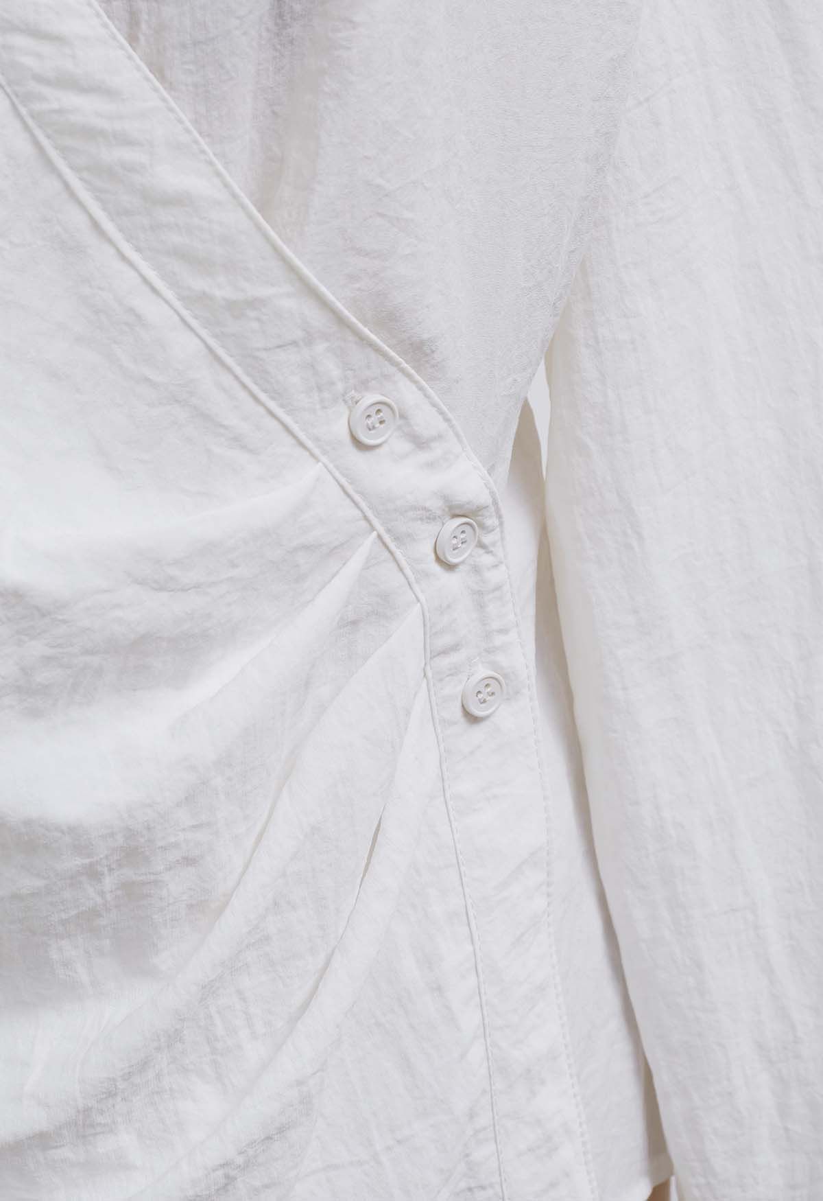 Side Pleats Collared Buttoned Wrap Shirt in White