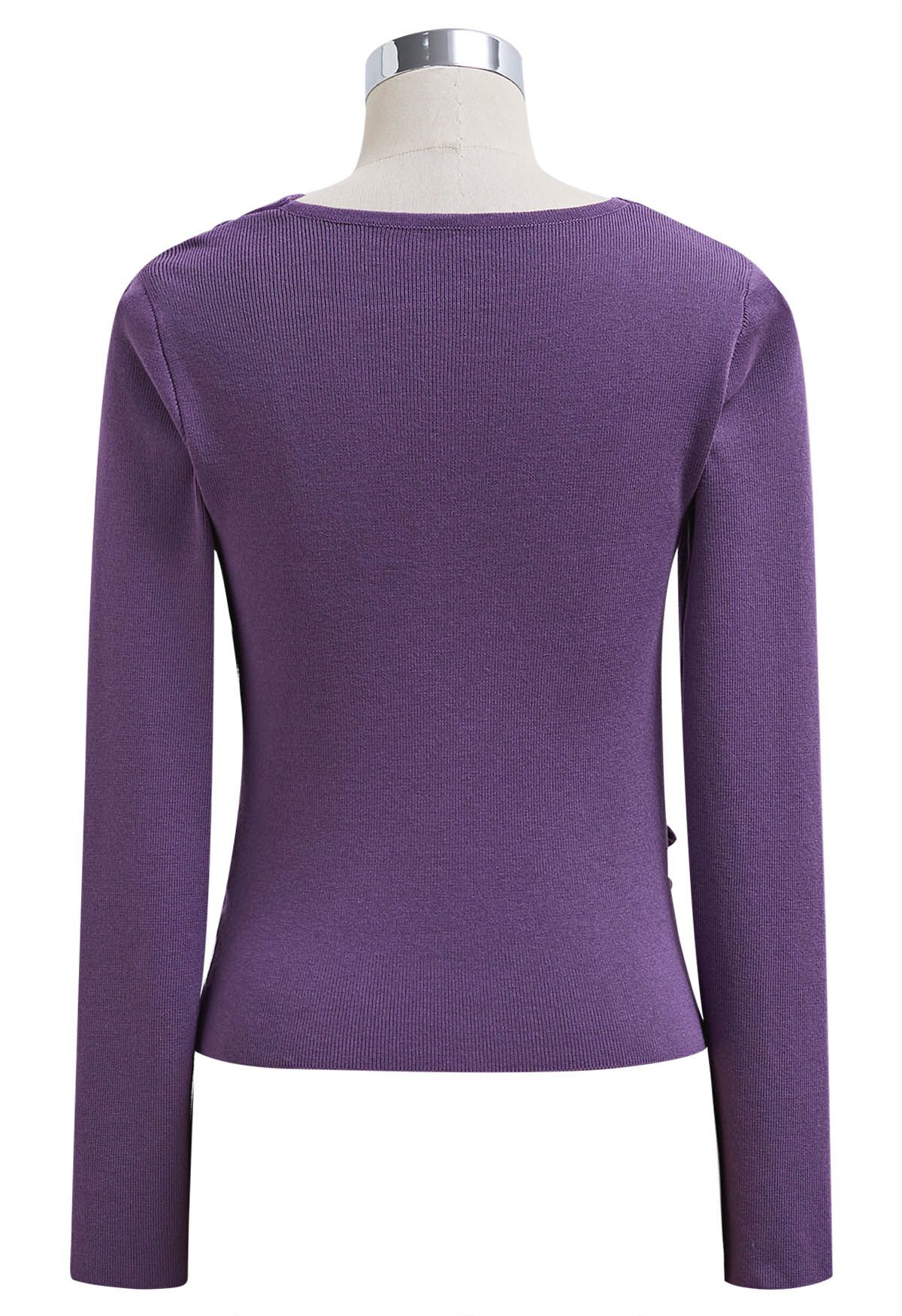 Side Knot Ruched Long-Sleeve Knit Top in Purple