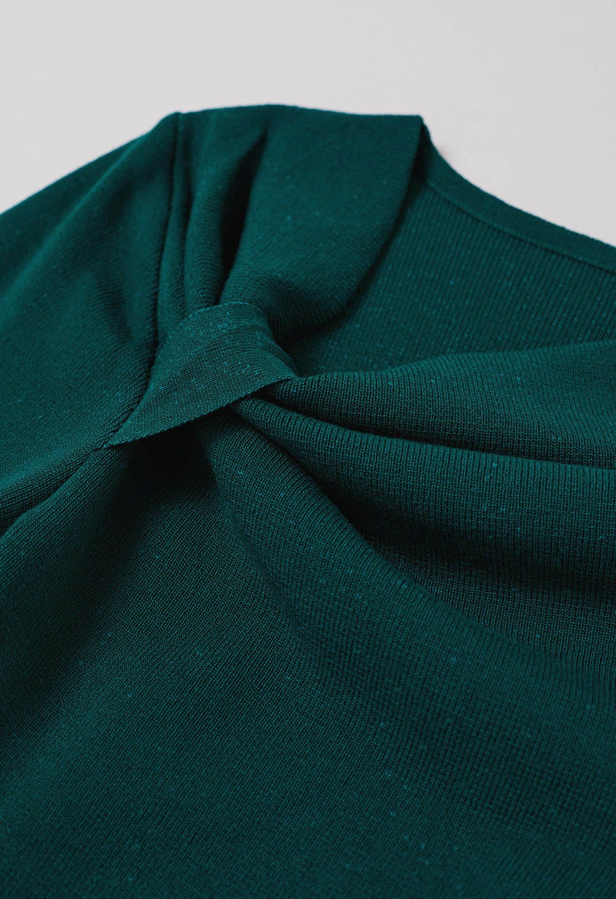 Side Knot Ruched Long-Sleeve Knit Top in Emerald