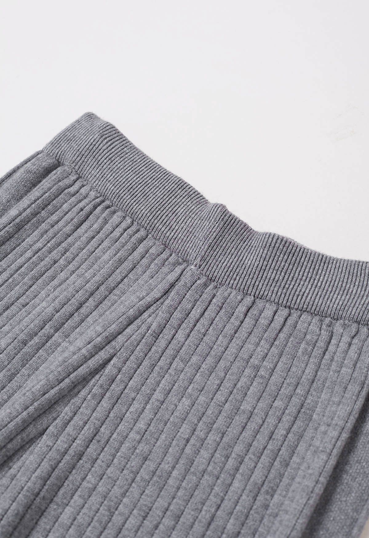 Buttoned Hem Ribbed Knit Pants in Grey