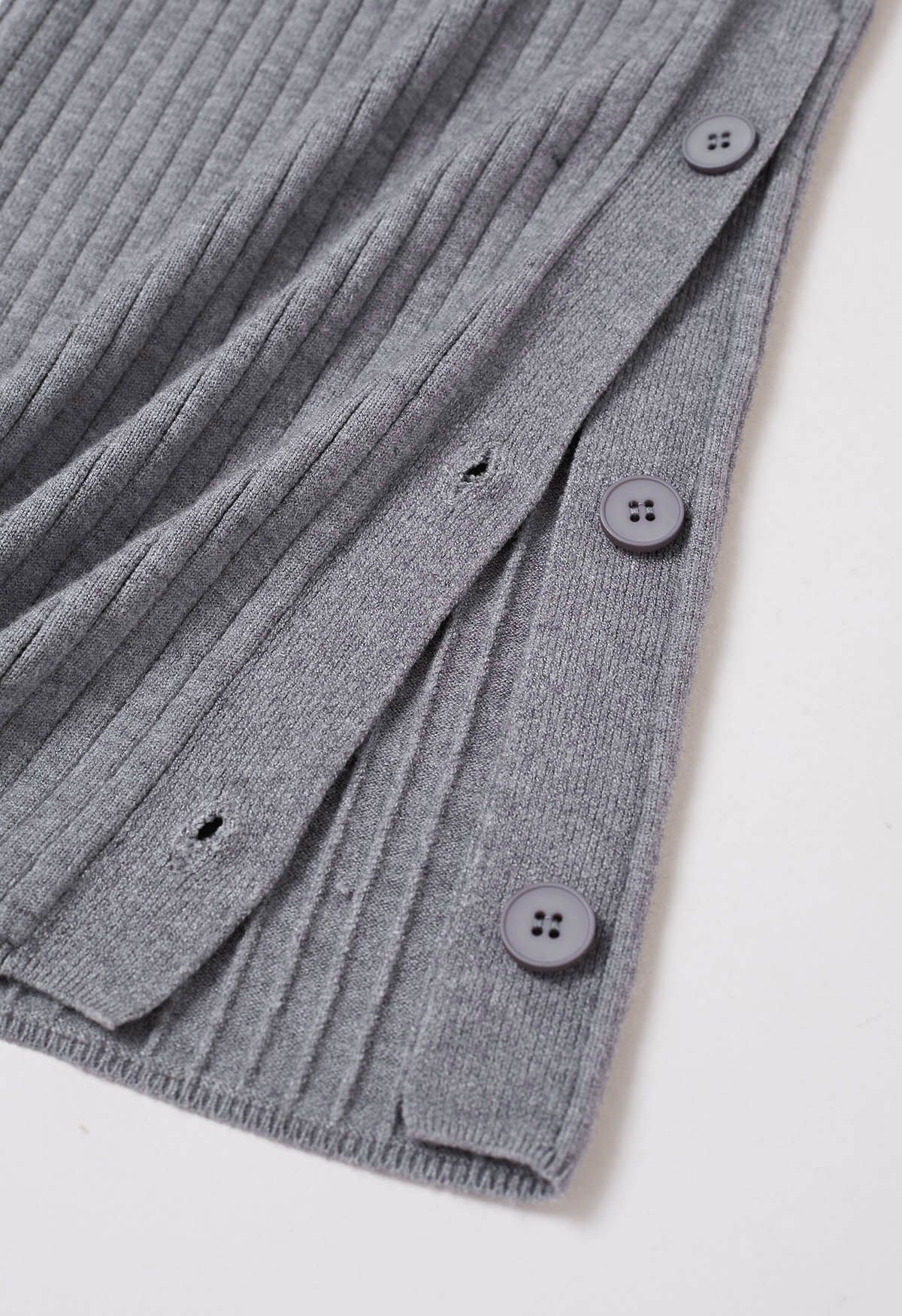 Buttoned Hem Ribbed Knit Pants in Grey