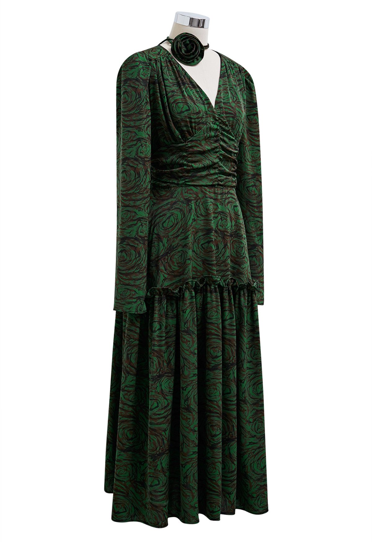 Fantastic Rose V-Neck Ruched Midi Dress with Choker in Dark Green