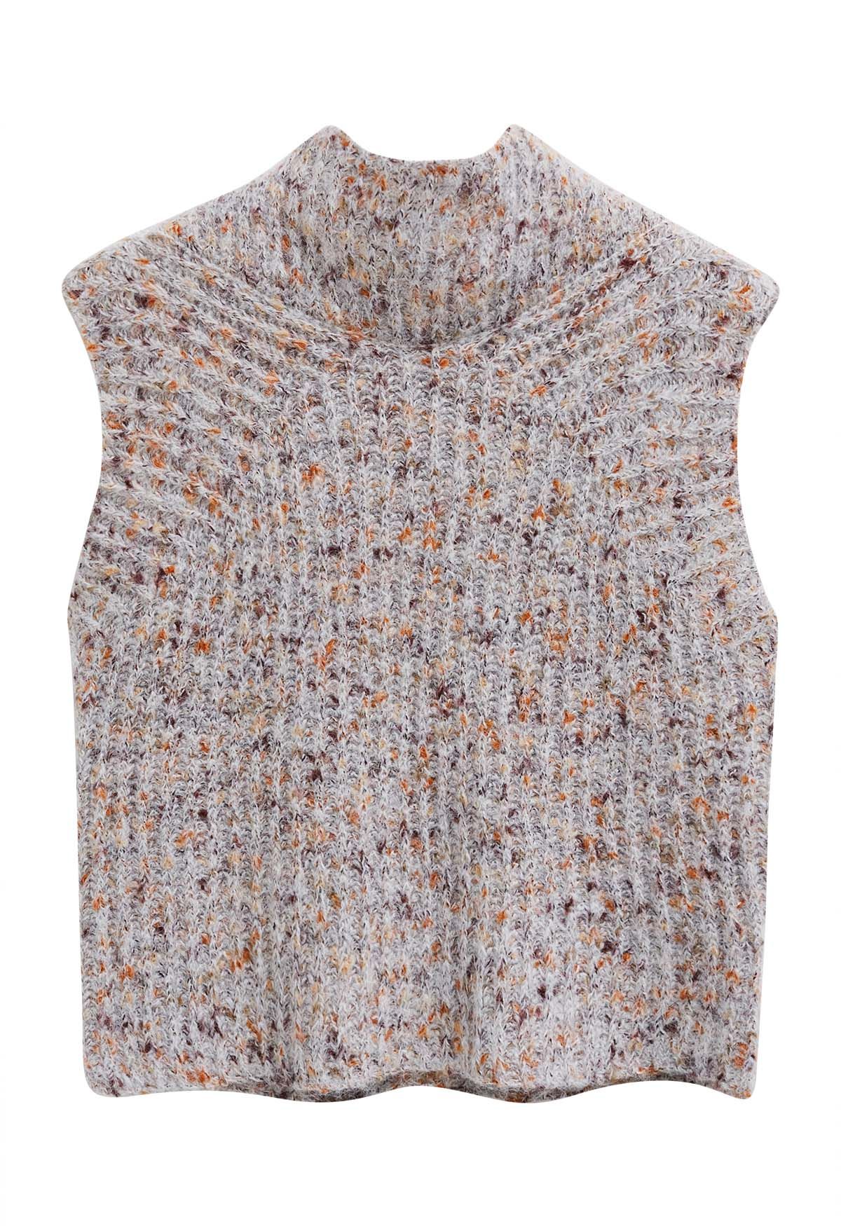 Fuzzy Mix-Knit Mock Neck Sleeveless Top in Oatmeal