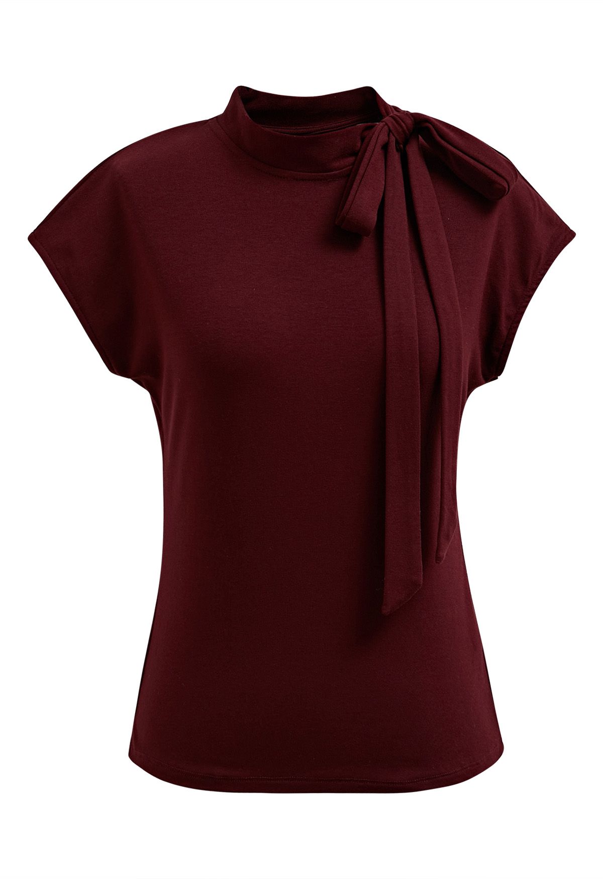 Bow-Tie Embellished Cap Sleeve Top in Burgundy