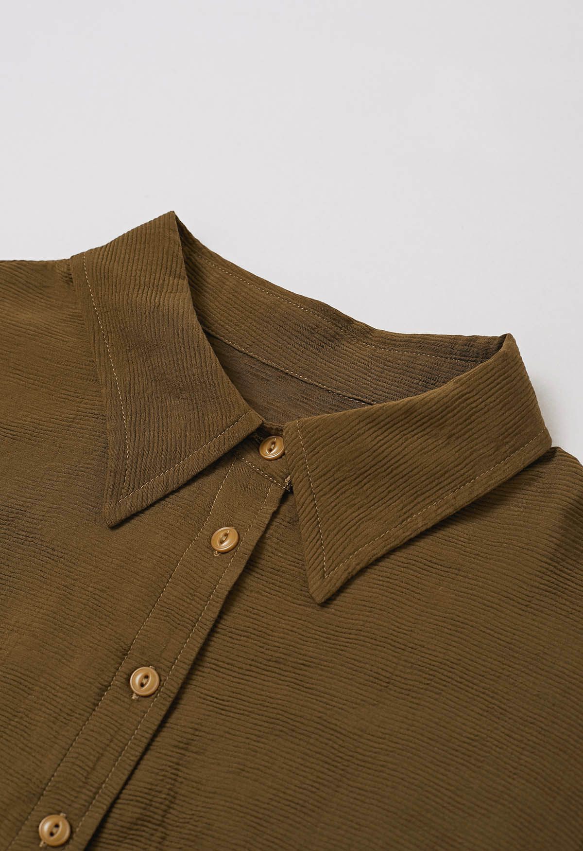 Collared Button Down Drawstring Shirt in Brown