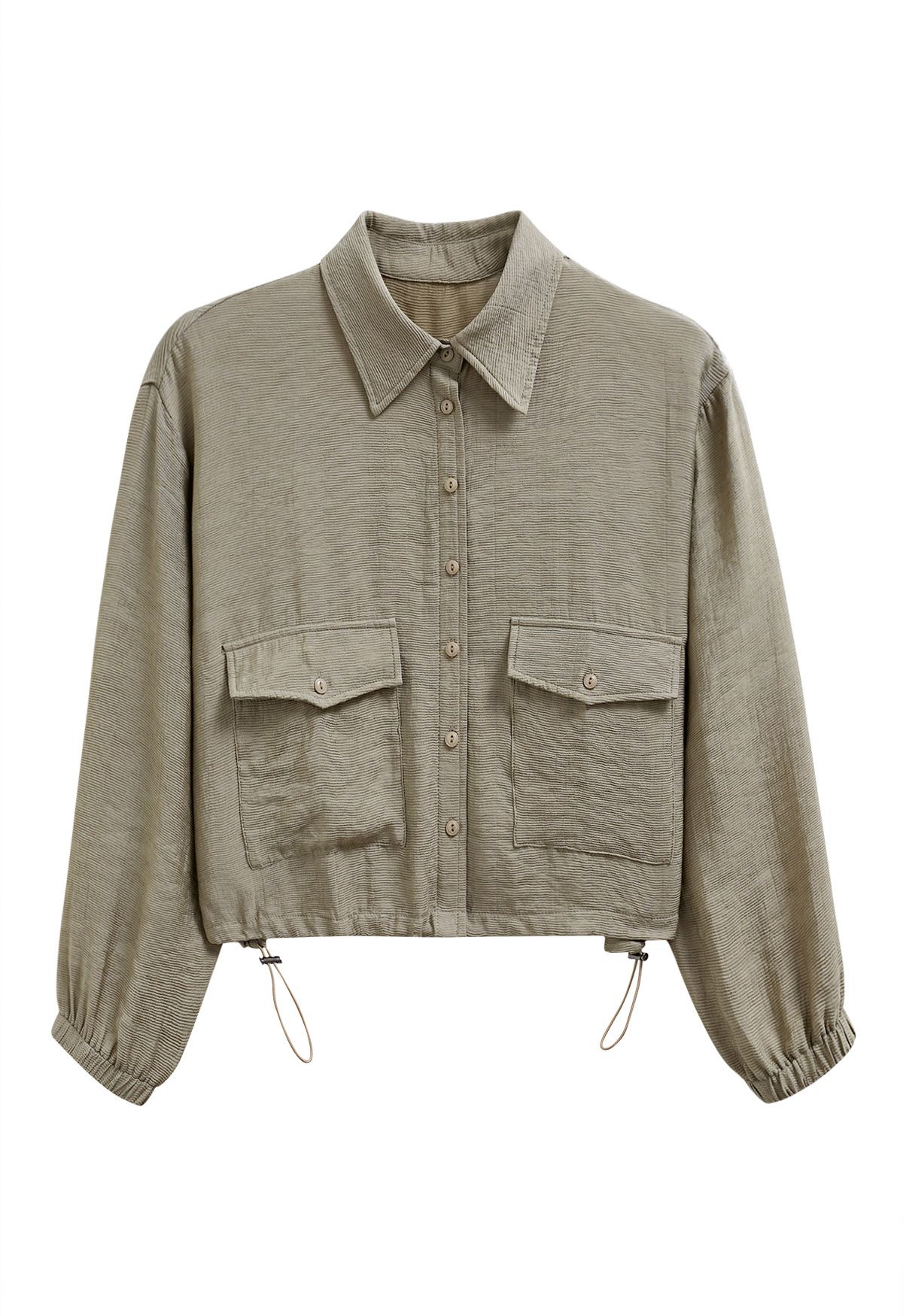 Collared Button Down Drawstring Shirt in Khaki