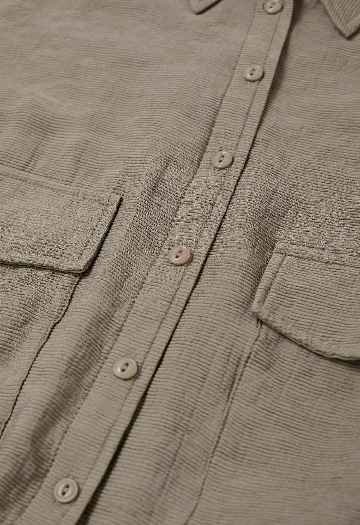 Collared Button Down Drawstring Shirt in Khaki