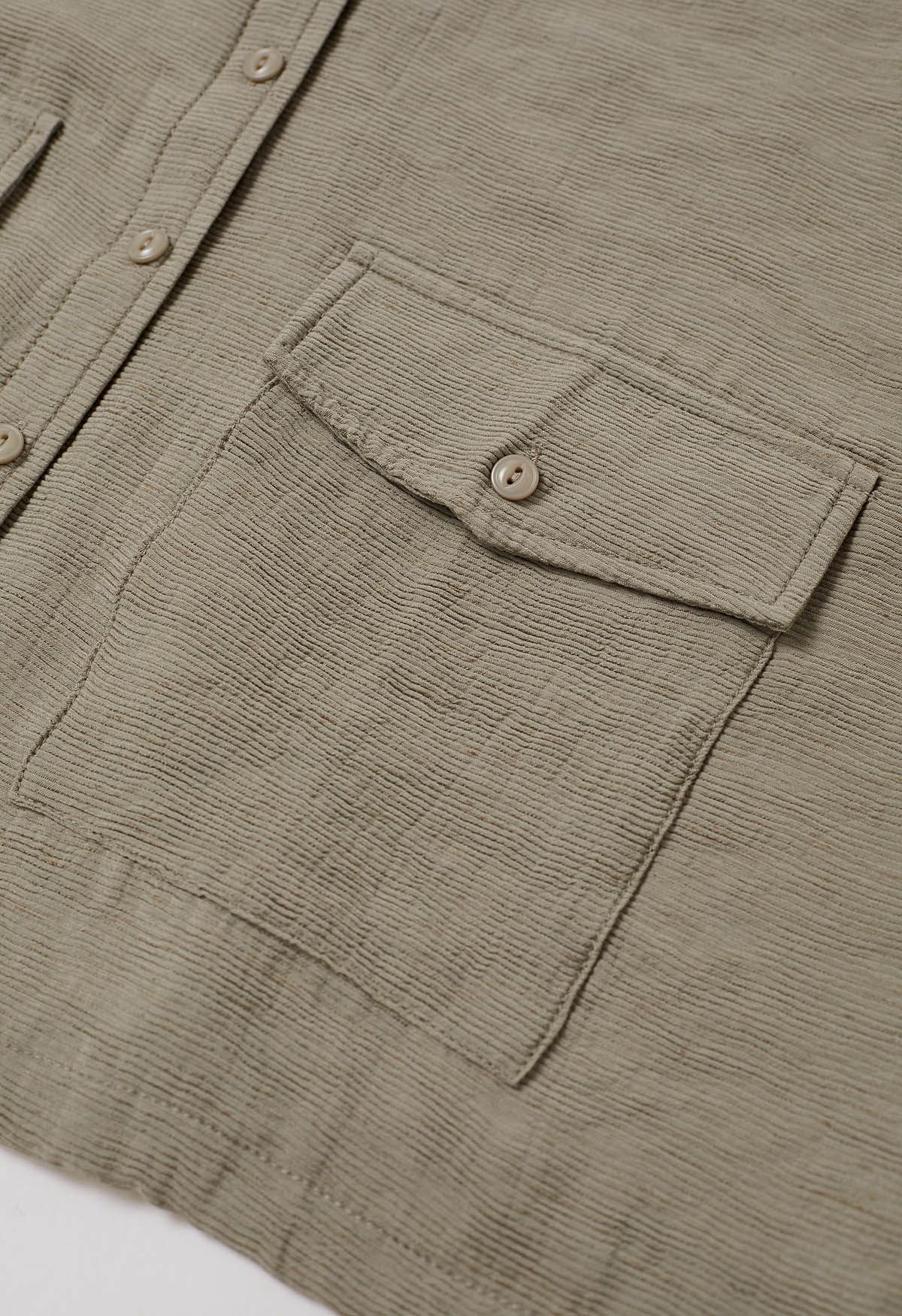 Collared Button Down Drawstring Shirt in Khaki