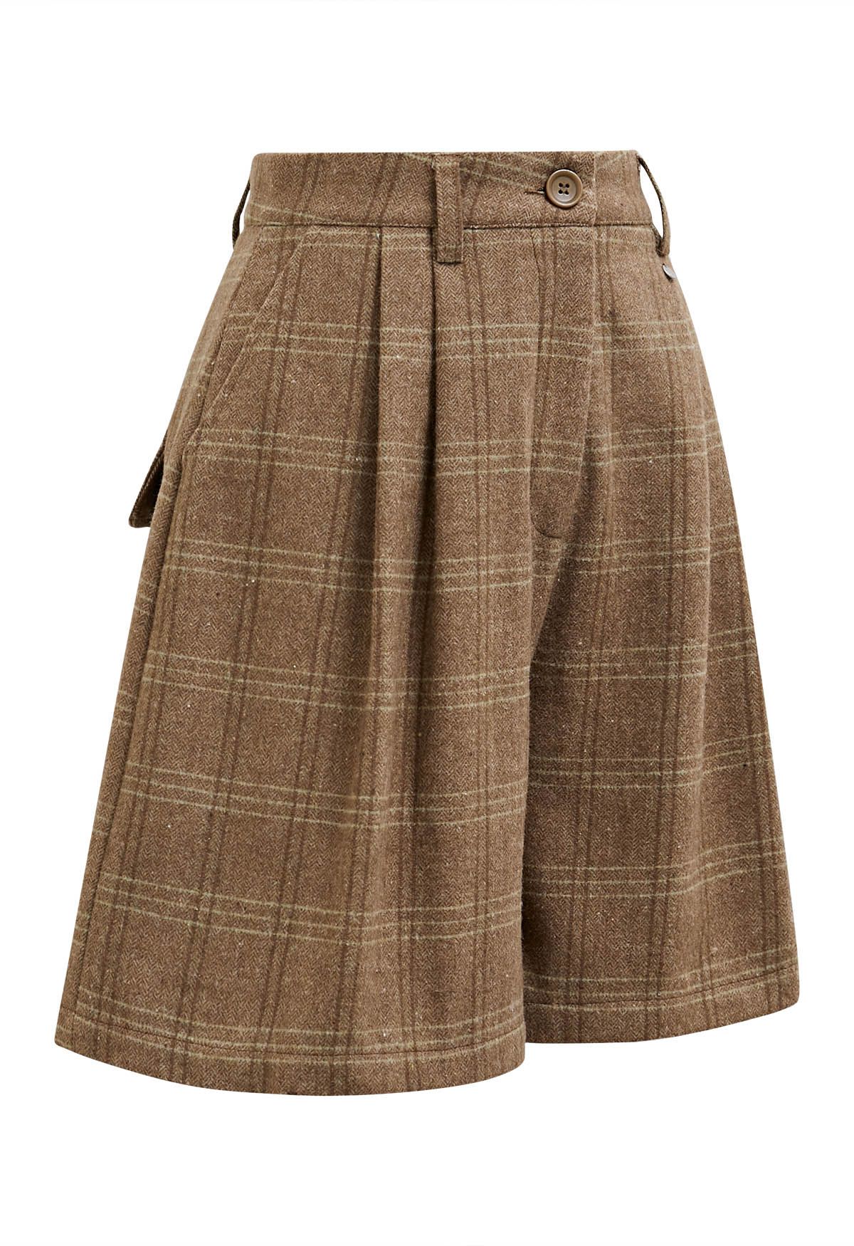 Throwback Plaid Wool-Blend Shorts in Camel