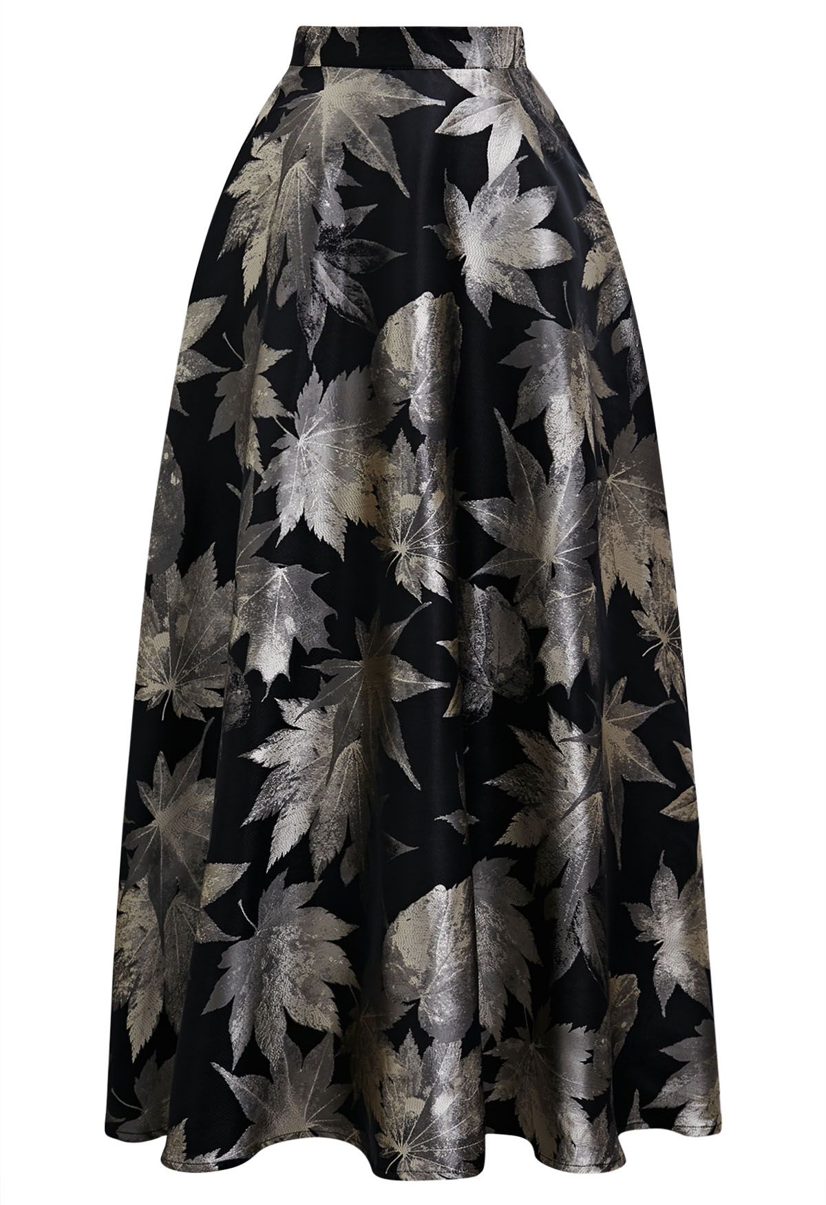 Opulent Maple Leaf Jacquard Flare Maxi Skirt