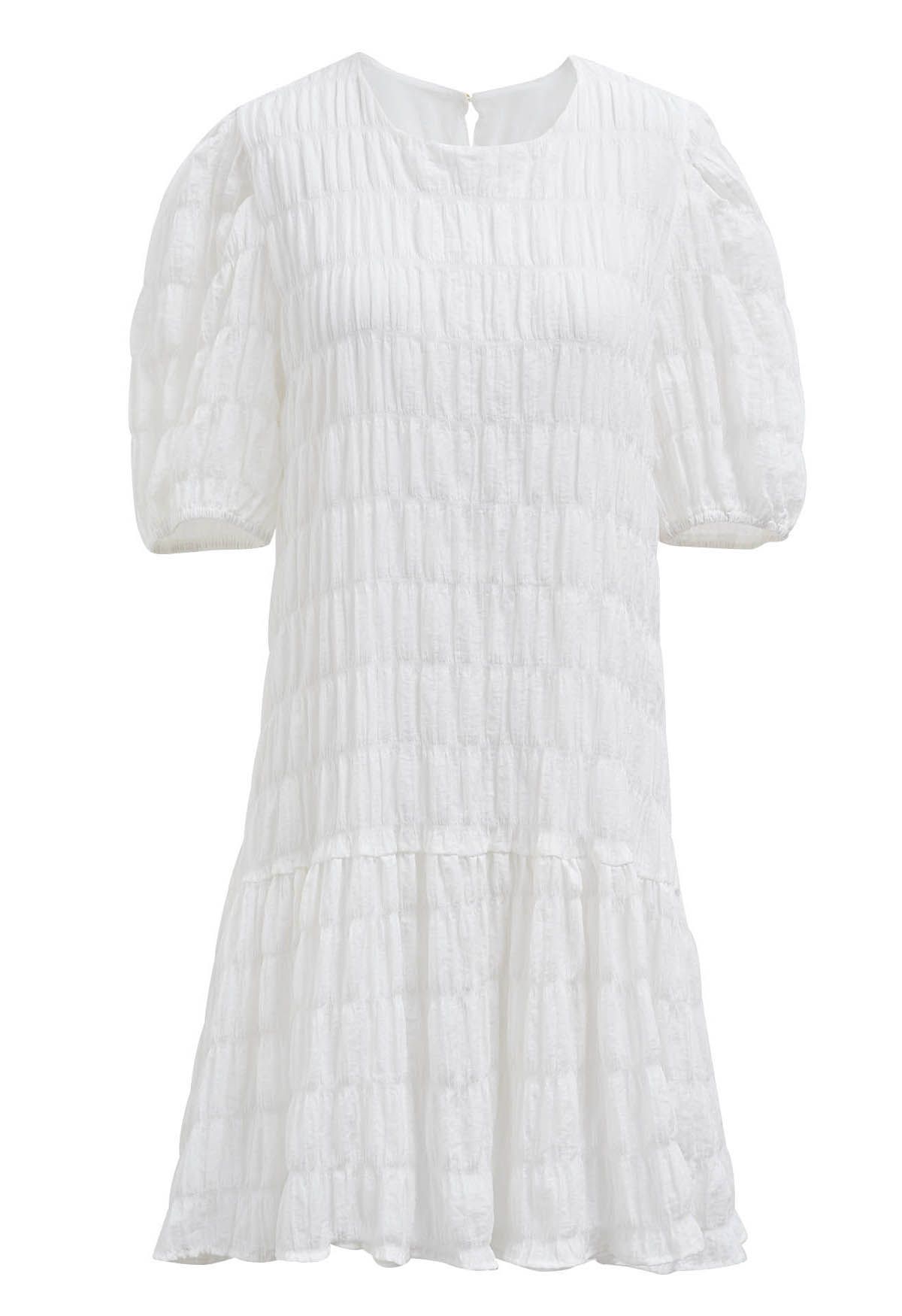 Flowing Embossed Pleat Detail Mini Dress in White