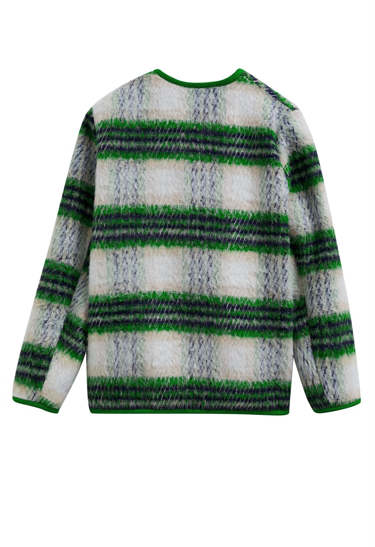 Retro Contrast Double-Breasted Fuzzy Coat in Green