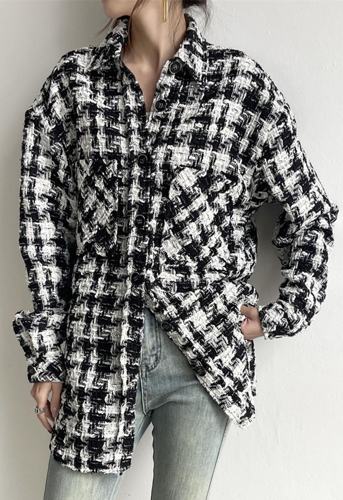 Contrast Houndstooth Tweed Shirt Jacket