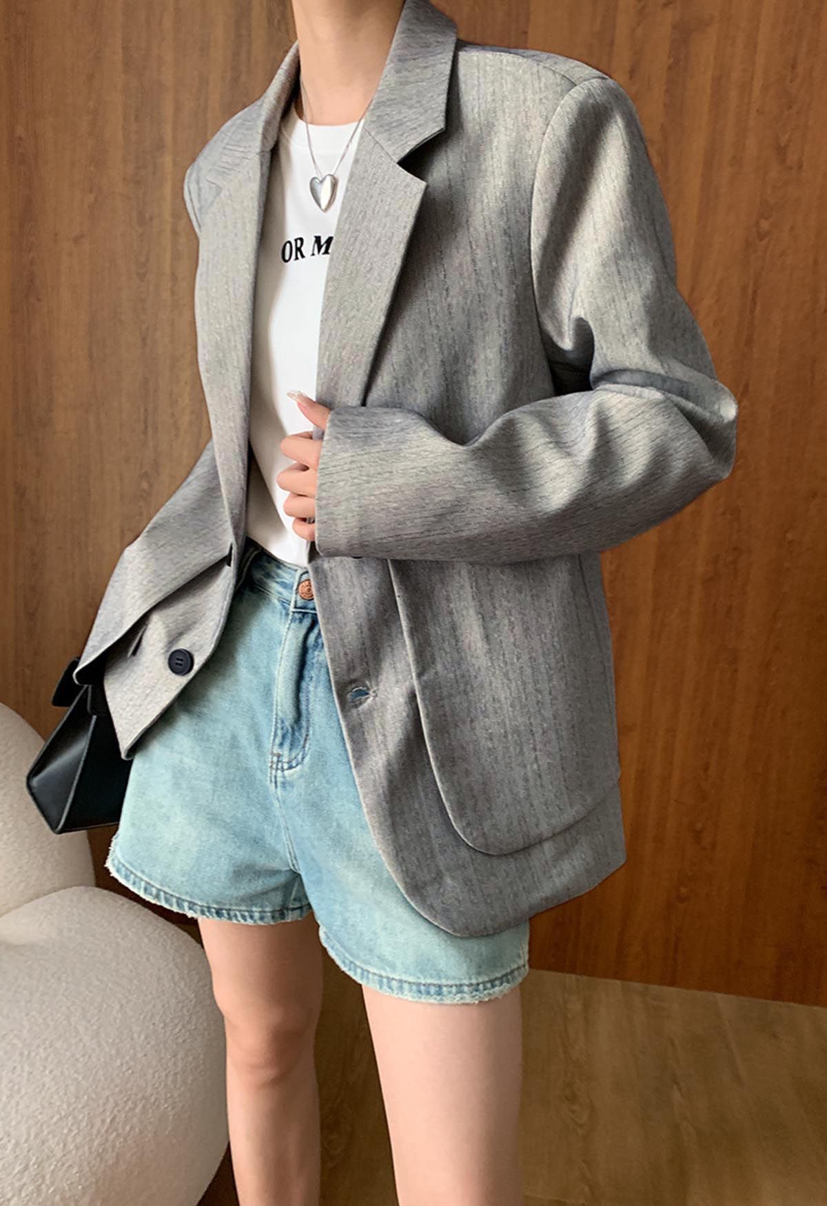 Fake Two-Piece Button Down Blazer in Grey