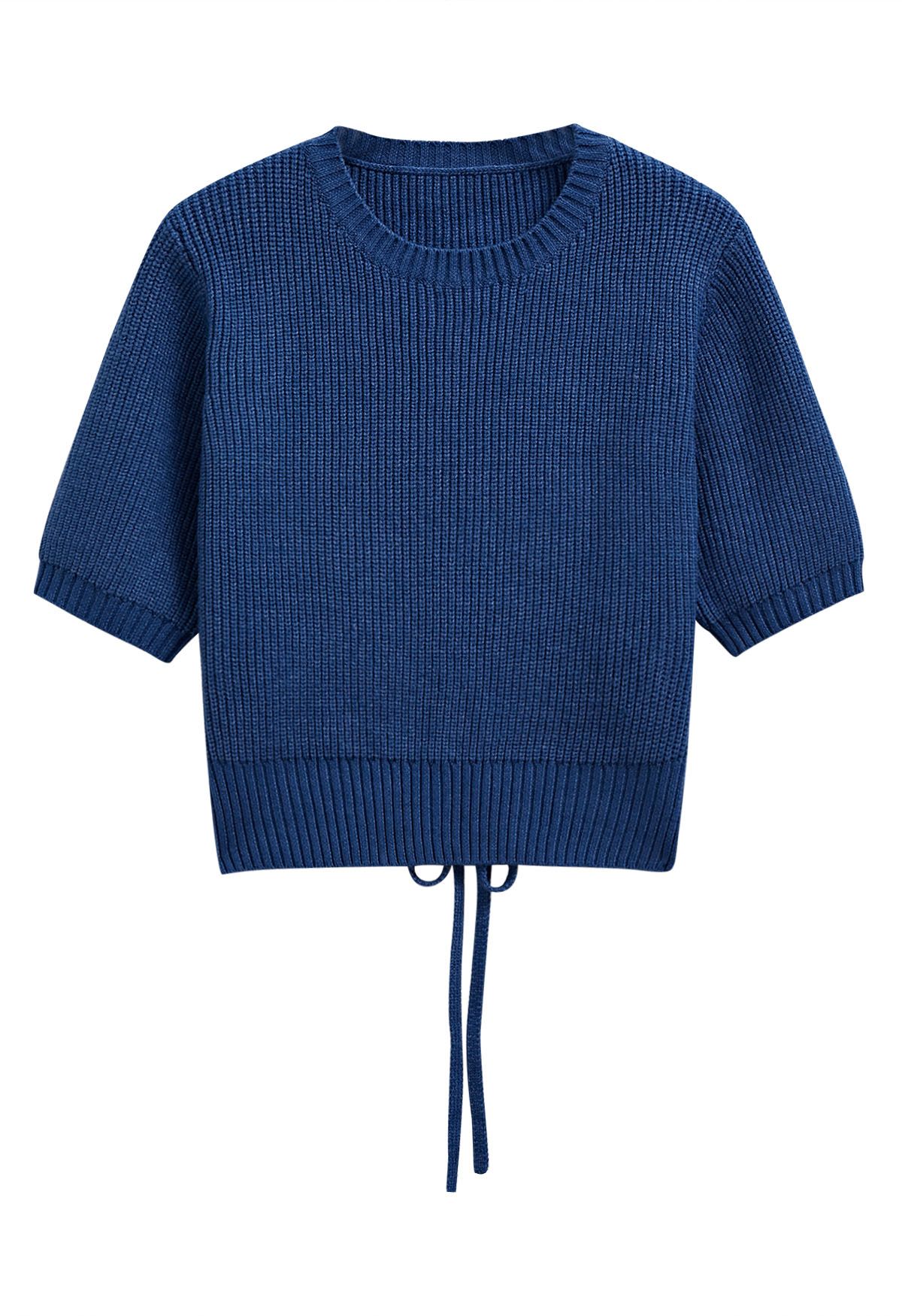 Tie-String Back Ribbed Knit Sweater in Navy